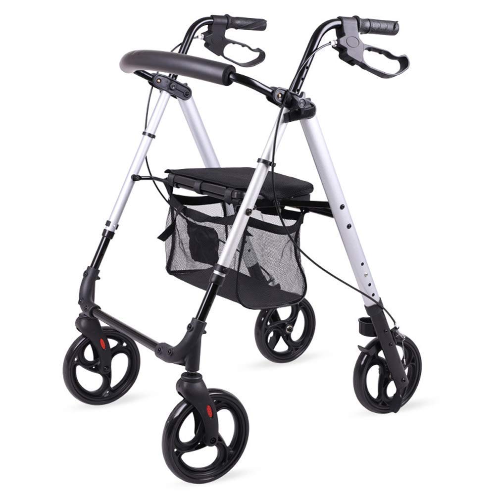 **Lightweight Aluminum 4-Wheel Rollator Walker with Handbrake & Padded Seat - Adjustable Height Folding Mobility Aid for Seniors - Ideal for Indoor & Outdoor Use, Shopping, and Walking Support**