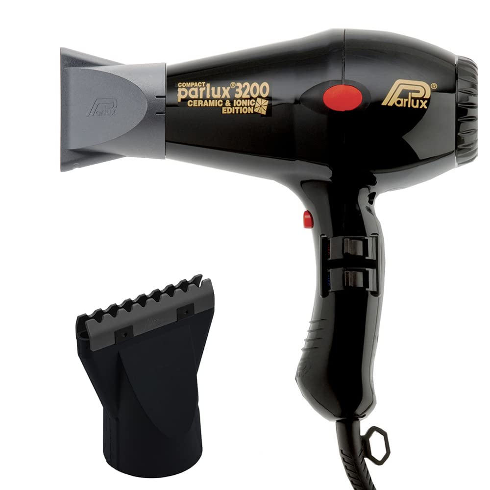 Parlux 3200 Compact Ceramic Ionic Hair Dryer with Hot Blow Attachment - Professional Salon Quality Blow Dryer for Fast Drying & Frizz Control - Perfect for Home Use & Travel Styling (2-Piece Set)