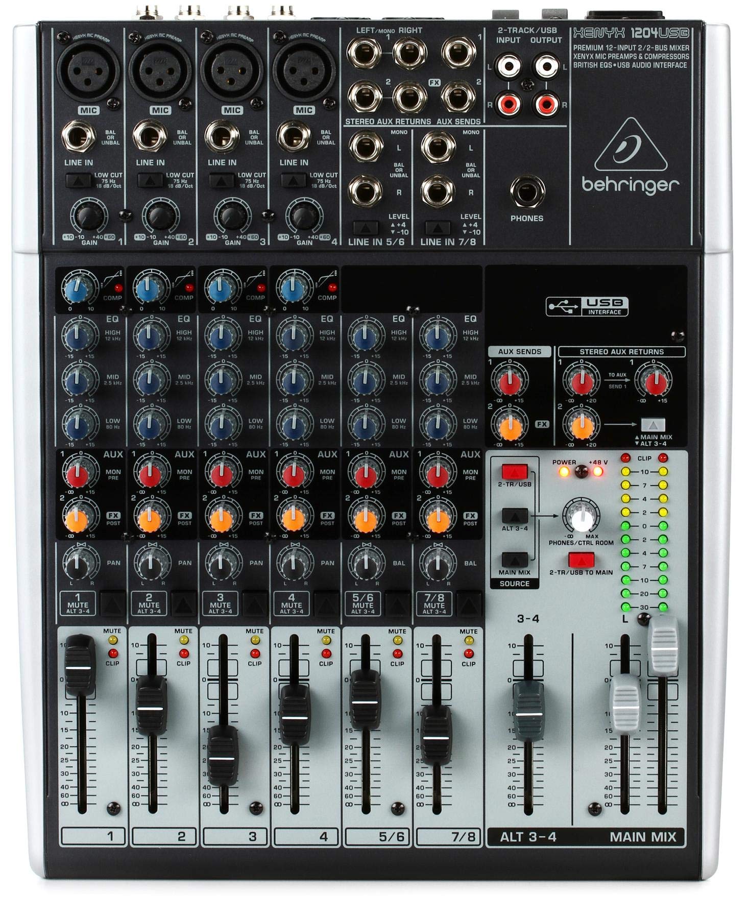 Behringer Xenyx 1204USB Premium 12-Channel USB Audio Mixer for Live Sound, Podcasting & Music Recording - Professional Studio & Home Use