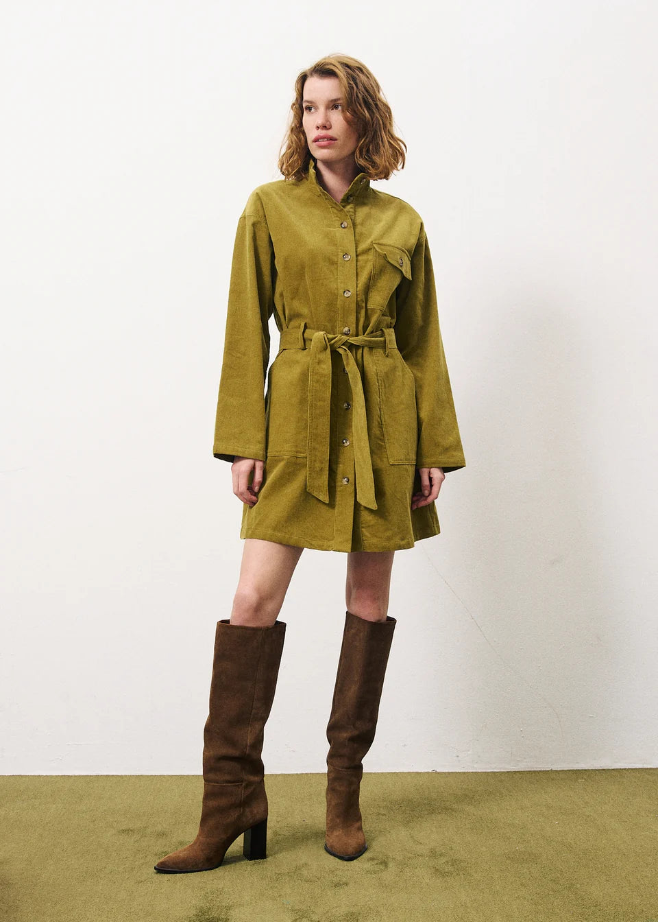 Cloelia Women's Olive Corduroy Mini Dress - Stylish & Comfortable for Casual Outings, Dates, and Fall Fashion