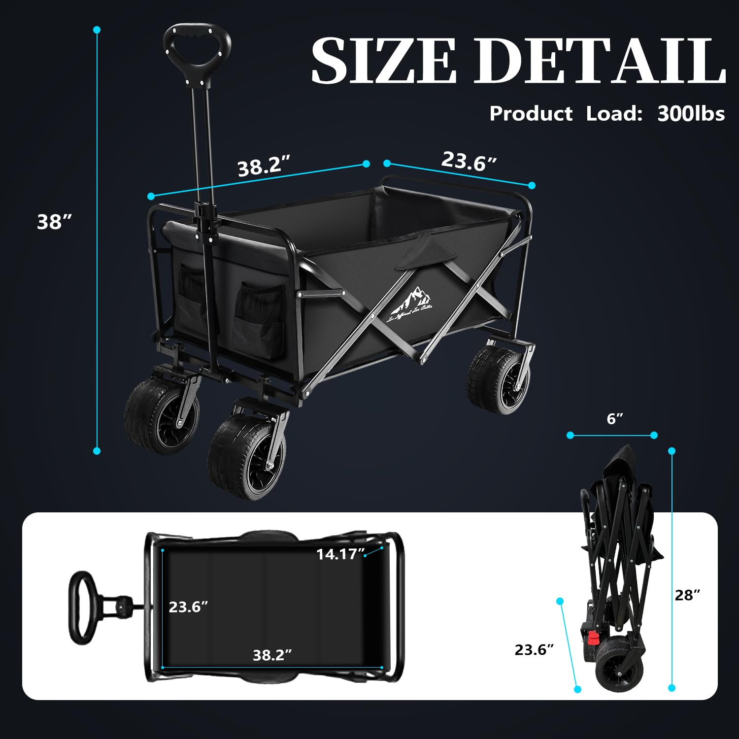 Heavy Duty Collapsible Folding Wagon Cart 300lbs Capacity - Portable Utility Grocery Cart with 2 Drink Holders for Camping, Shopping, Beach, Sports & Outdoor Activities - Black