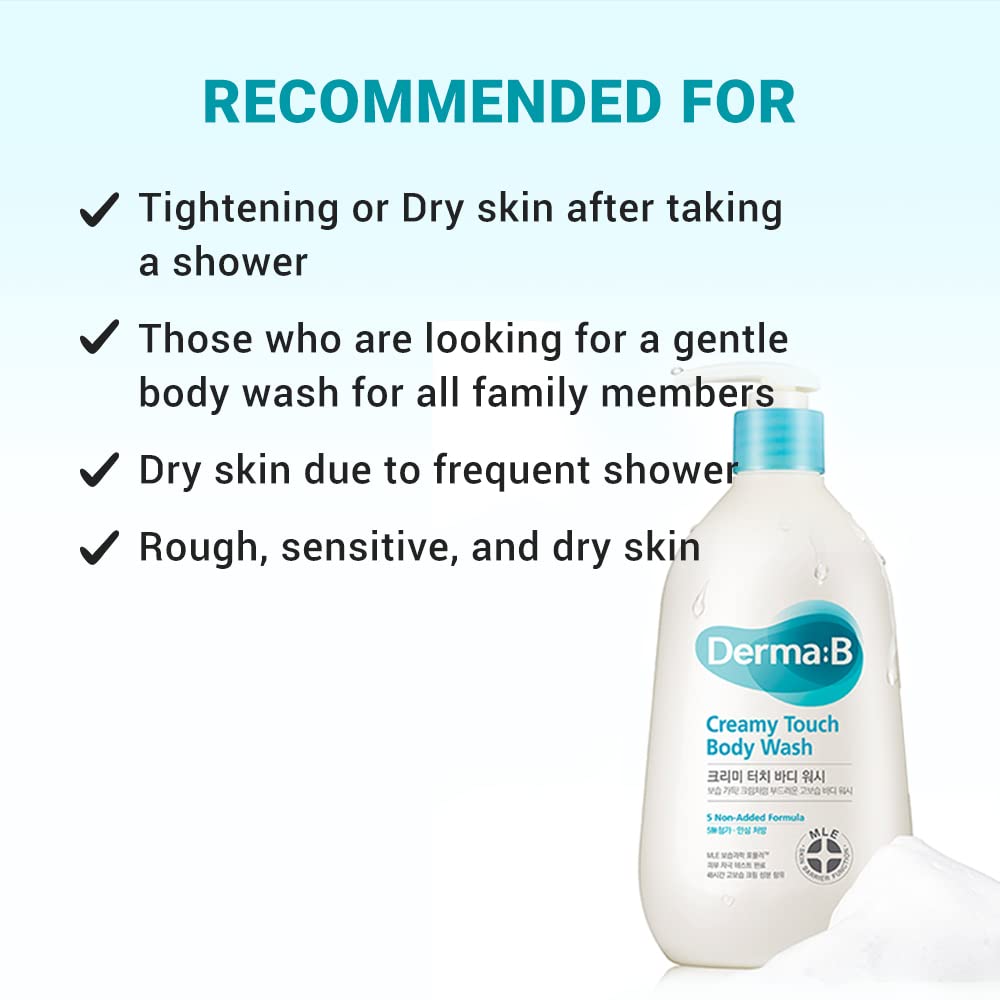 DERMA B Creamy Touch Body Wash - Long-Lasting Moisturizing Shower Gel with Shea Butter, Grape Seed Oil & Panthenol | Mild & Nourishing Cleanser | Relaxing Scented K-Beauty Formula (13.5 Fl Oz/400ml) | Perfect for Dry Skin & Daily Relaxing Shower Routine