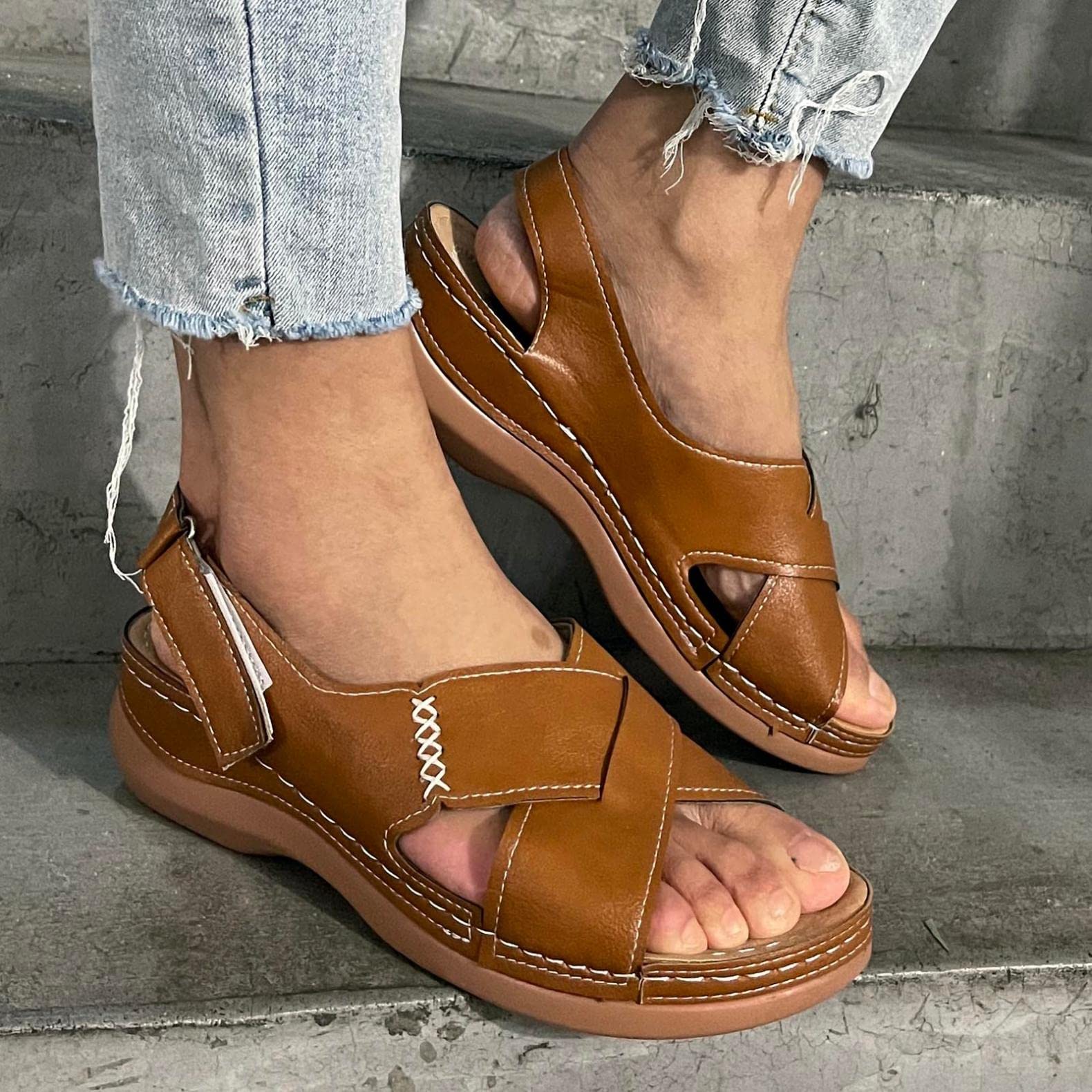 Women's Comfortable Leather Wedge Sandals - Casual Cross Strap Bohemian Platform Slingback Shoes for Summer Beach & Dress Occasions | Wide Round Toe with Buckle Strap | Perfect for Vacation, Outdoor Walks & Boho Fashion Outfits