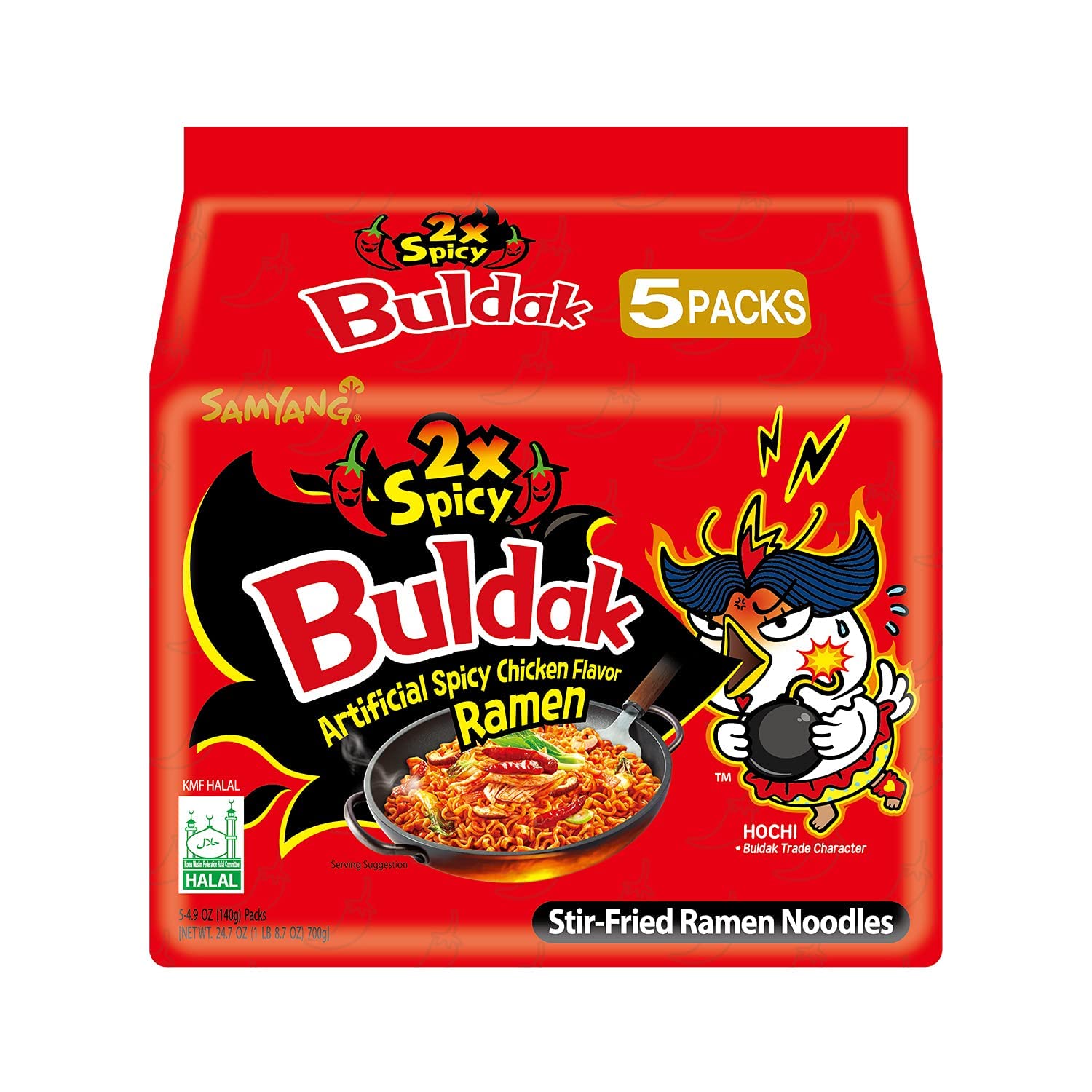 Samyang 2X Spicy Hot Chicken Buldak Stir-Fried Ramen Noodles - 4.94 oz (5-Pack) | Korean Instant Noodles for Spicy Food Lovers | Perfect for Late Night Snacks, Quick Meals & Spicy Challenges