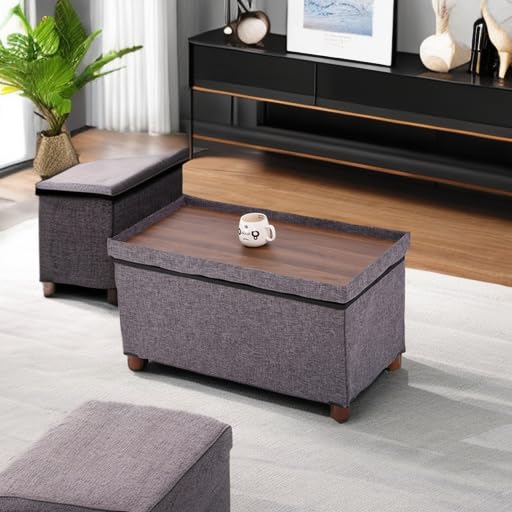30 Inch Storage Ottoman Bench with Removable Lid - Wooden Legs, Linen Fabric, Foldable Design for Living Room, Bedroom & Foot Rest - Perfect for End of Bed, Small Space Organization & Home Decor