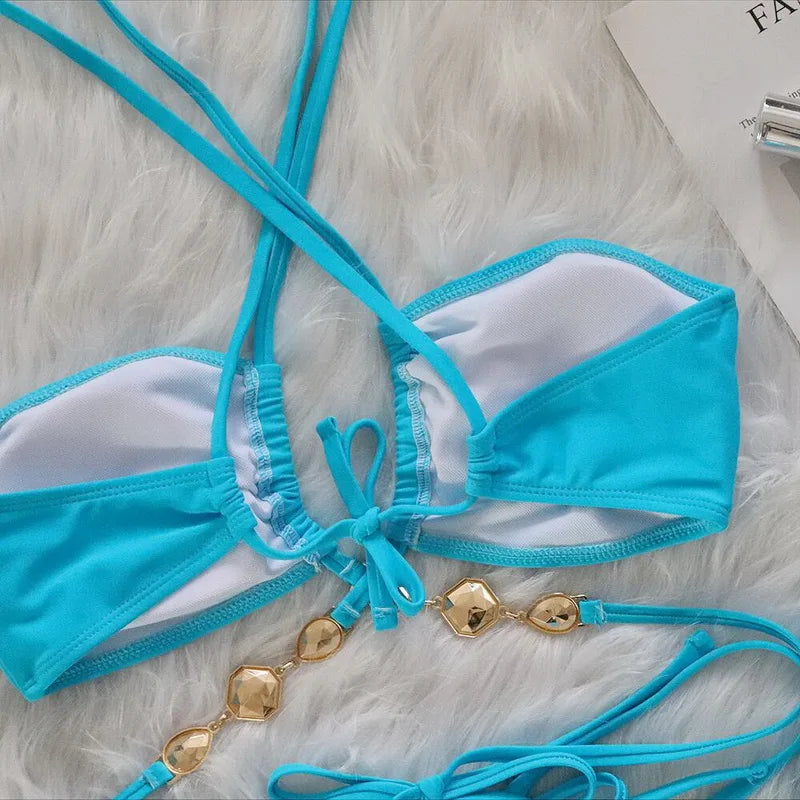 2024 Sexy Rhinestone Bandage Push Up Bikini Set - Women's Brazilian Halter Two Piece Swimsuit for Beach, Pool Party & Summer Vacation
