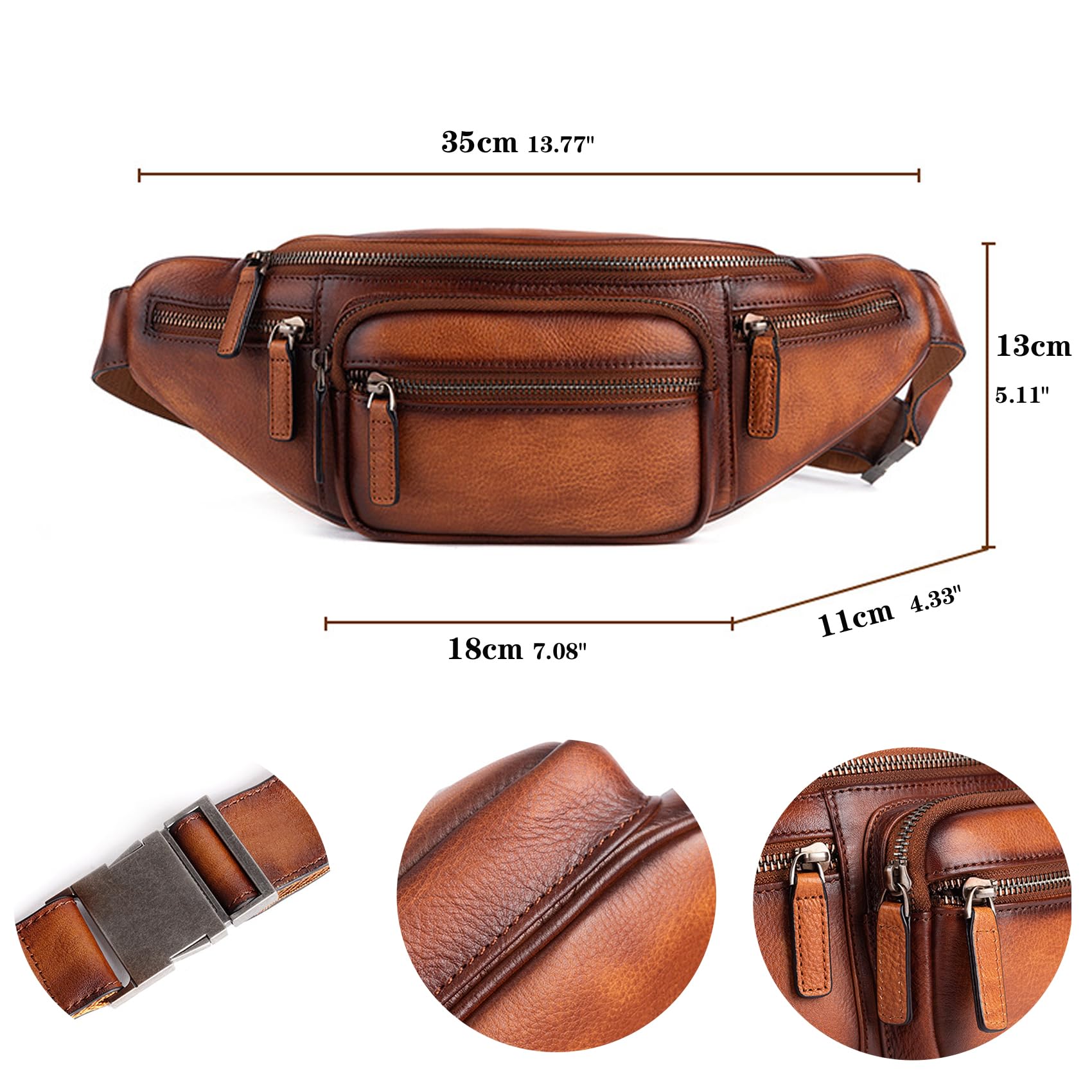 Genuine Leather Waist Pack for Men & Women - Crossbody Fanny Pack with Multiple Pockets - Travel, Hiking & Everyday Use (Brown)