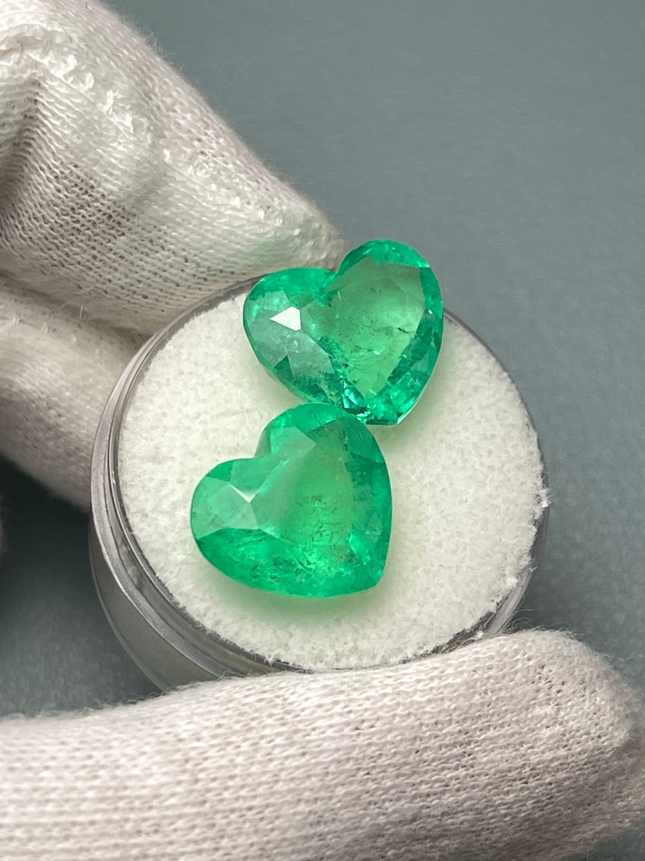 12x13.5mm Large 14.61tcw Matching Emerald Hearts - Natural Colombian Yellowish Green Emeralds for Jewelry Making, Engagement Rings & Luxury Gifts