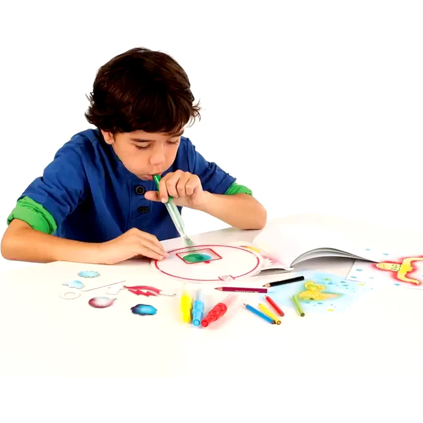 Ekan 6-Piece Color Spray Blow Pens Set with 3 Stencils - Fun Drawing Arts & Crafts Kit for Kids, Perfect for School Stationery, Birthday Party Favors & Creative DIY Projects