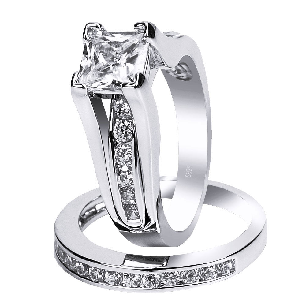 MABELLA Couple Wedding Rings Set - Sterling Silver Princess Cut CZ Ring for Women & Stainless Steel Band for Men - Perfect for Anniversaries, Engagements, and Romantic Gifts