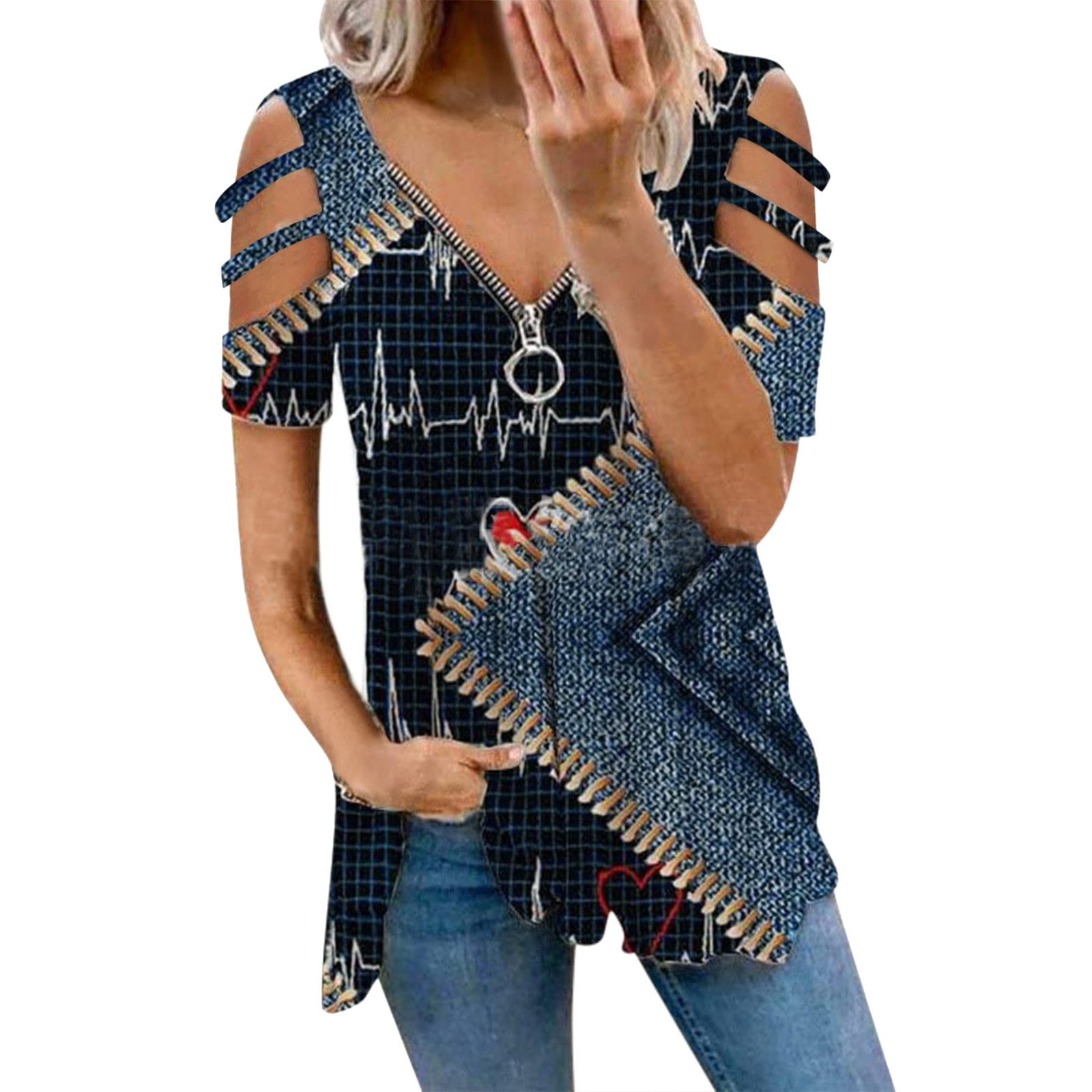 Stylish Women's Off Shoulder Zip Up V-Neck T-Shirt - Sexy Loose Fitting Graphic Tee for Casual Wear & Summer Outfits | Perfect for Dates, Beach Trips & Night Out