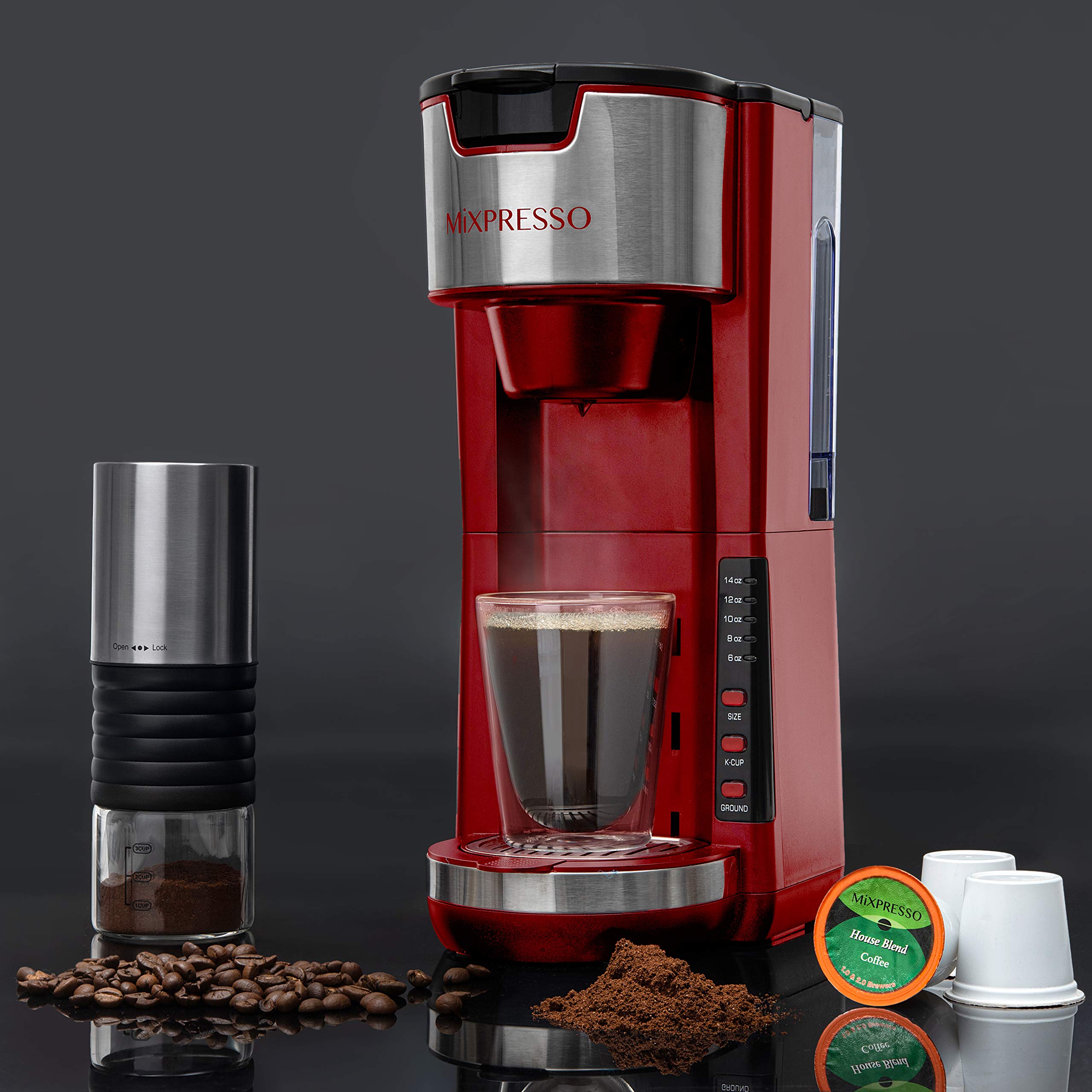 Mixpresso Single Serve Coffee Maker - Compact 30oz K-Cup & Ground Coffee Brewer with 5 Brew Sizes (Up to 14oz), Adjustable Drip Tray, Travel Mug Compatible - Perfect for Home, Office, and Travel (Red)
