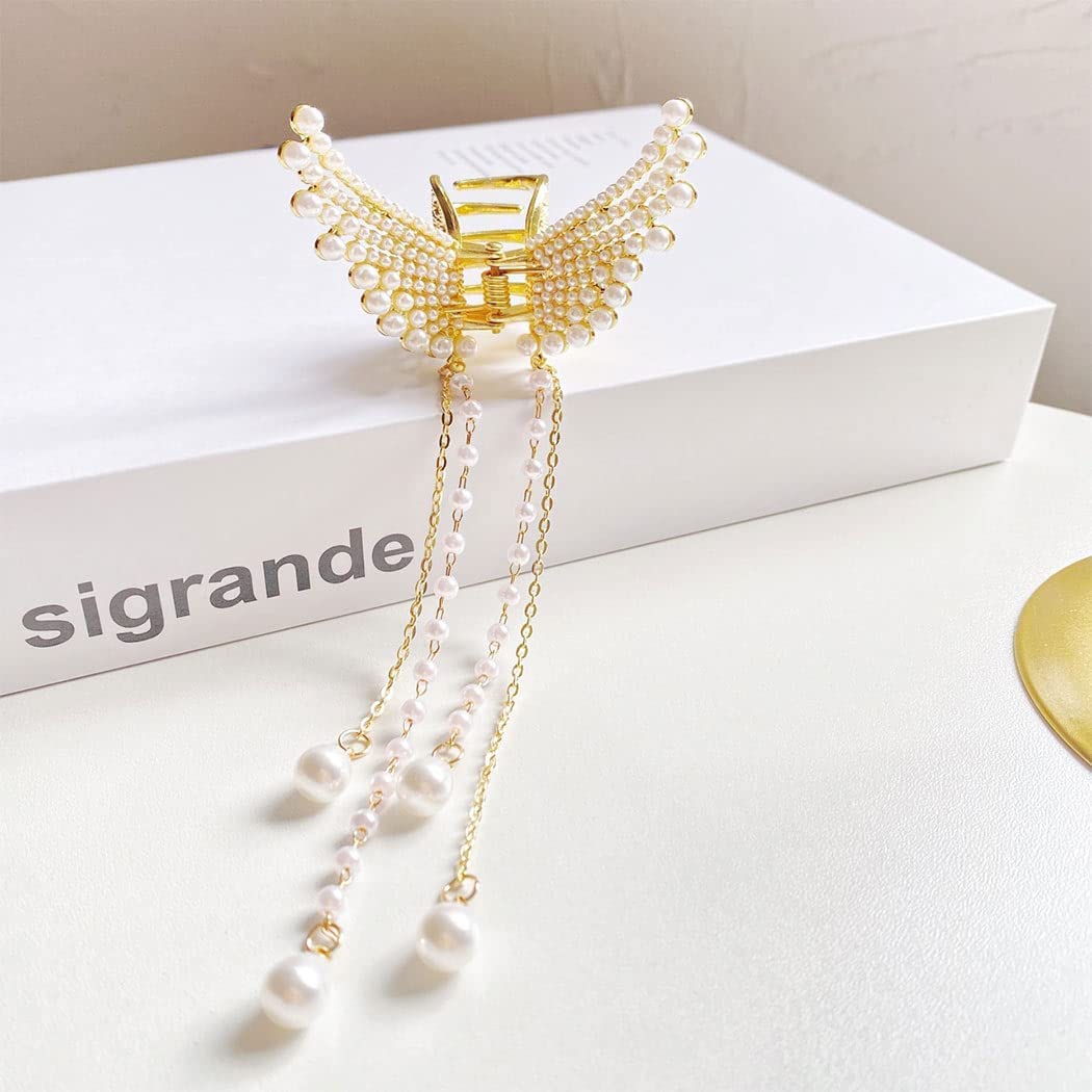 Elegant Pearl Tassel Butterfly Metal Hair Claw Clip - Korean Style Hair Accessories for Women & Girls - Perfect for Weddings, Parties and Everyday Fashion