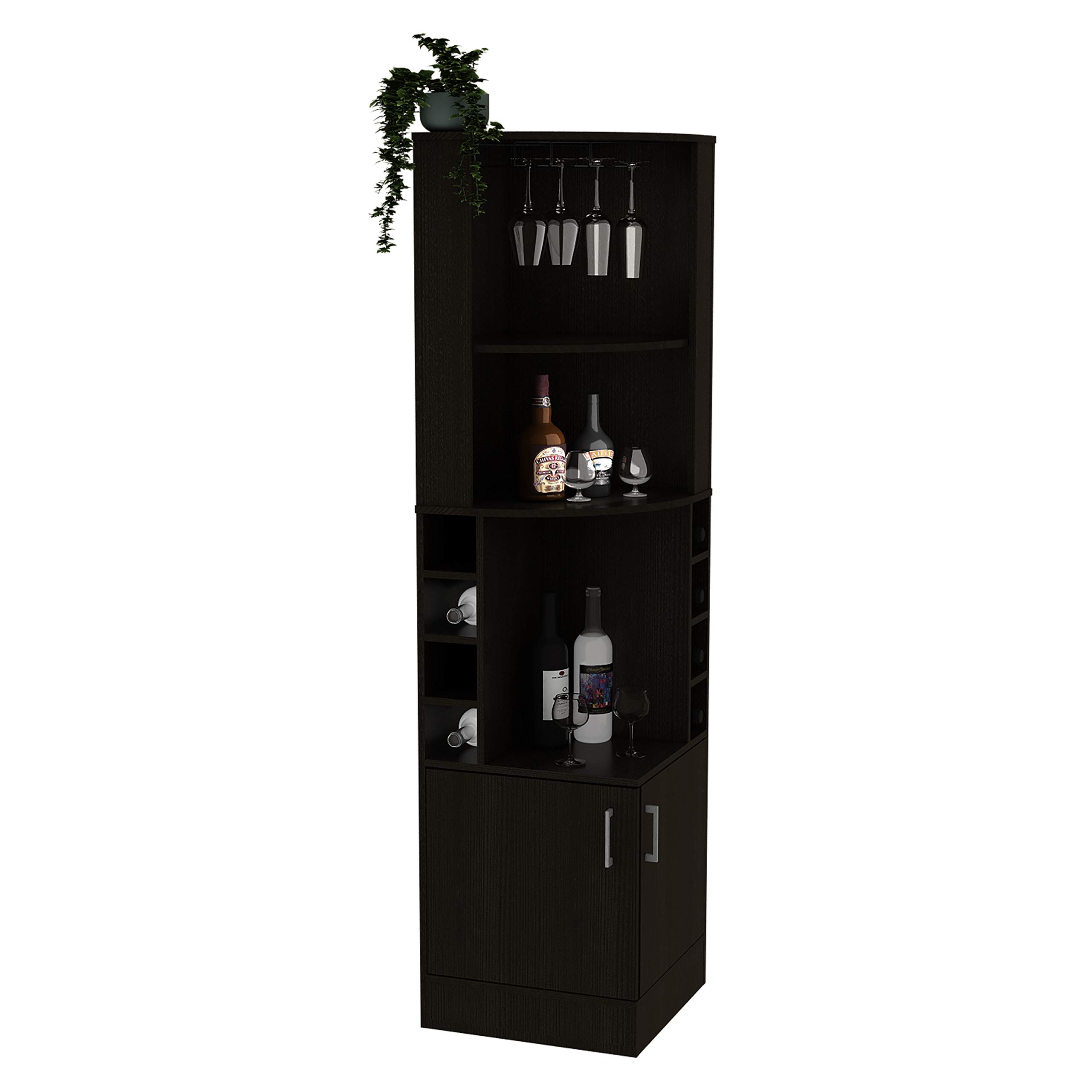 Seattle Corner Bar Cabinet - Black with 3 Open Shelves, Glass Rack, 8 Bottle Storage & Double Doors | Perfect for Home Bar, Kitchen or Dining Room Organization