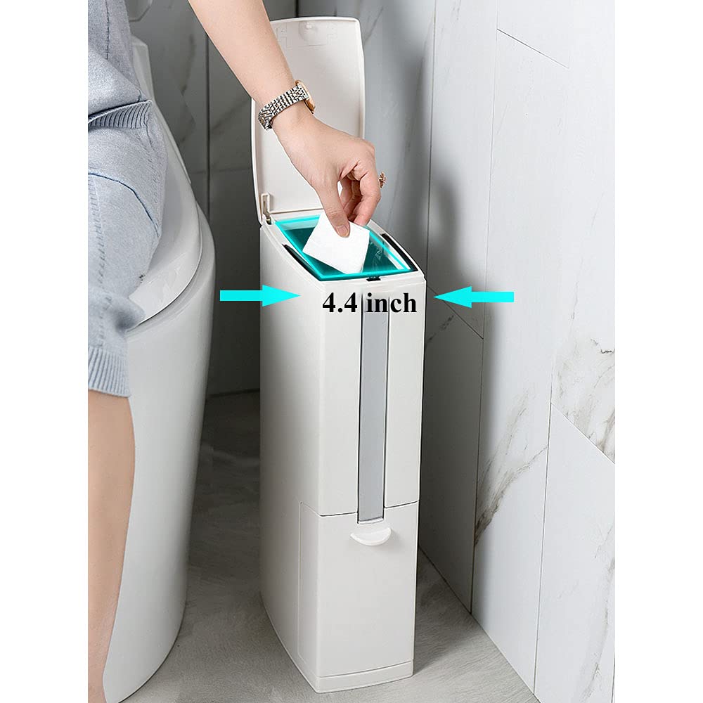 Slim White Rectangular Modern Bathroom Trash Can with Pop-Up Lid - 5 Liter 3-in-1 Waste Bin with Brush & Holder, Press Top Garbage Can for RV, Home, Office - Perfect for Small Spaces, Bathrooms & Travel Use