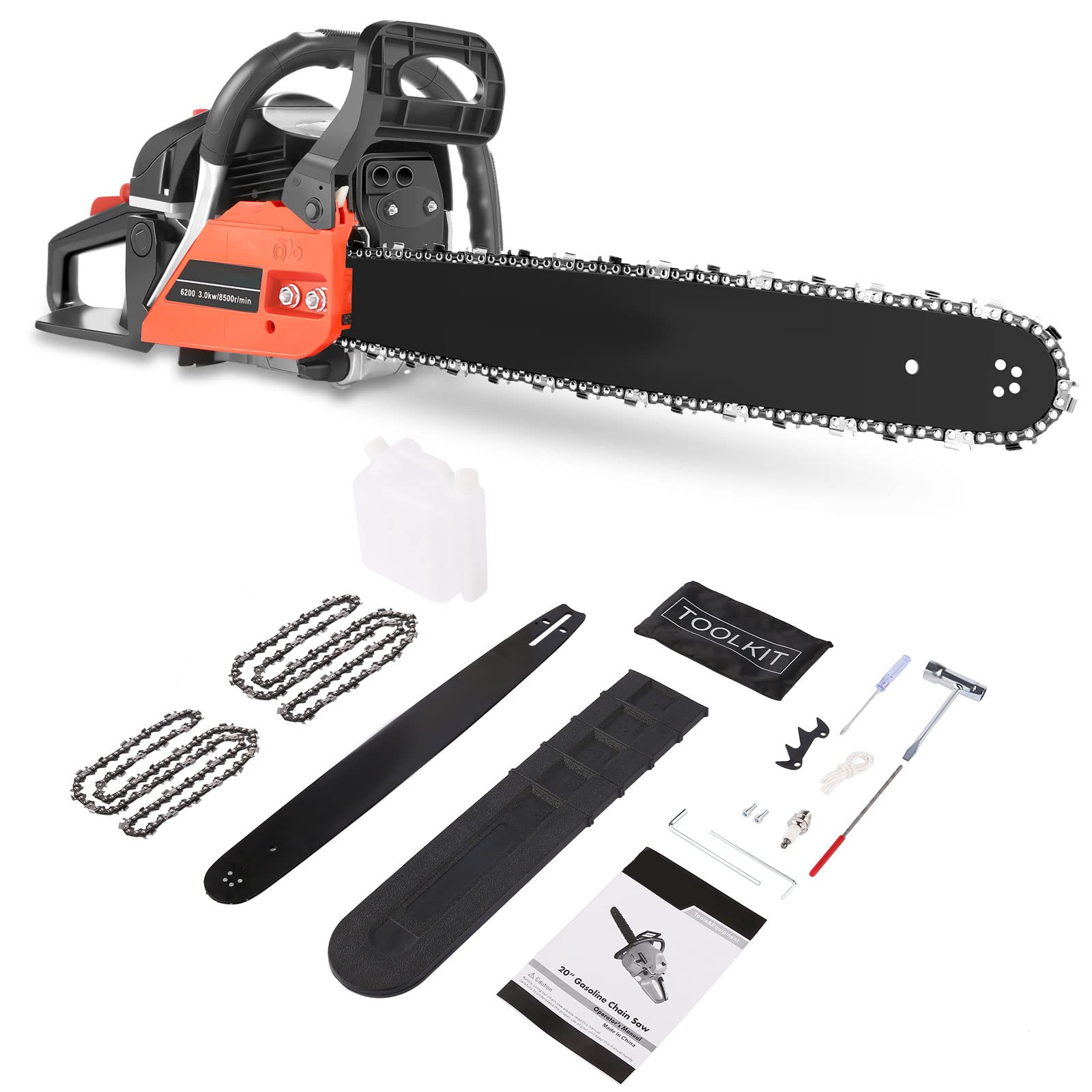 62CC 3.5HP Gas Chainsaw - 20 Inch Cordless Gasoline Powered Handheld Chain Saw with Guide Board & Carrying Bag - 2-Cycle Outdoor Chainsaw for Wood Cutting, Tree Trimming, Firewood & Farm Use (Black & Red)