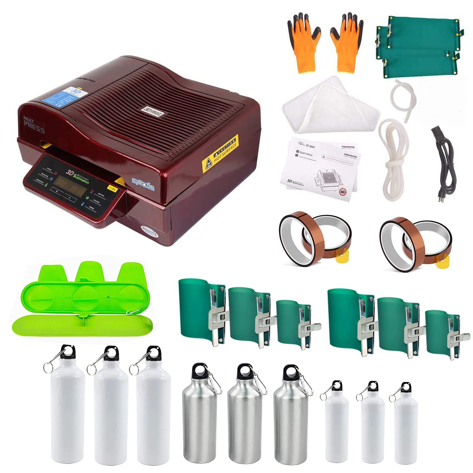 TECHTONGDA 3D Vacuum Heat Press Machine for Sublimation Printing - Multifunctional Heat Transfer Press Kit with Rubber Clamps & Water Bottles (110V) - Perfect for T-Shirts, Mugs, Plates & DIY Crafts