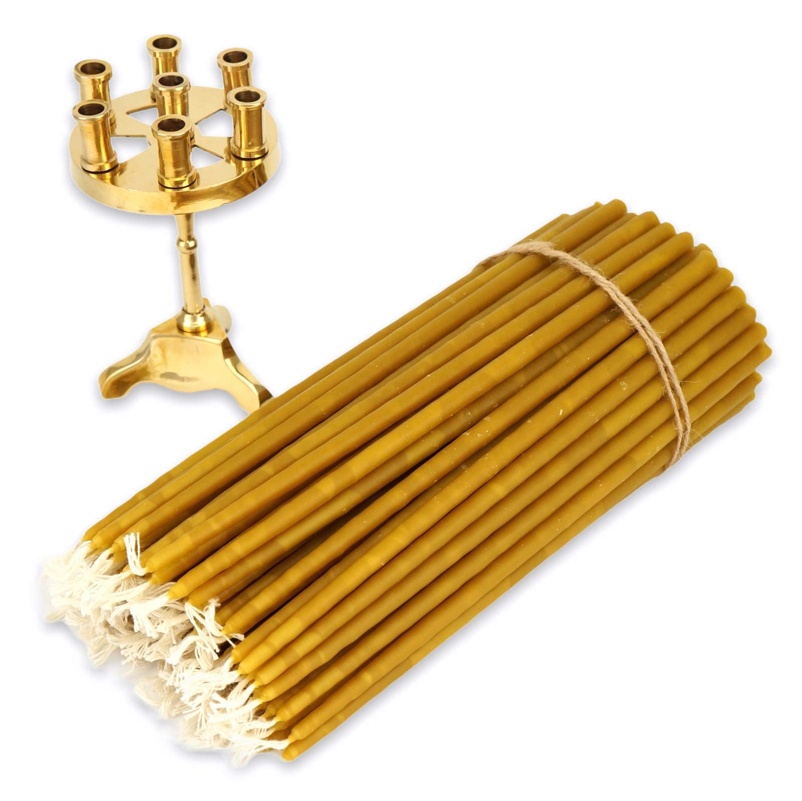 7 Candle Brass Candelabra Set - Orthodox Candle Holder with 100 Pure Beeswax Candles for Prayer Corner, Home Altar & Religious Decor | Perfect for Church, Meditation & Spiritual Spaces