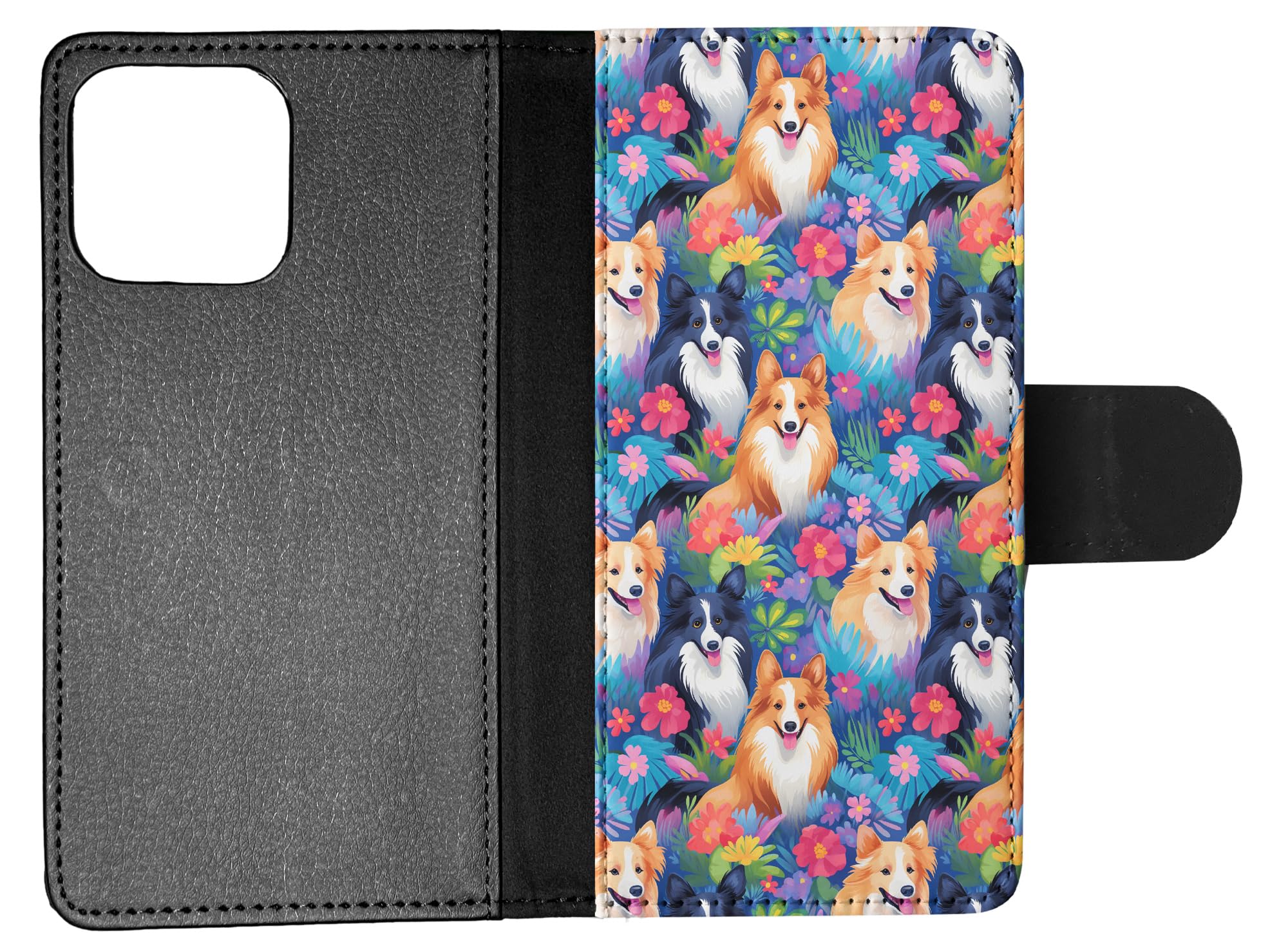 Shetland Sheepdog Puppy Dog Pattern Faux Leather Flip Wallet Phone Case for Apple iPhone 15 Pro Max - Stylish & Protective Cover for Everyday Use, Work, and Travel