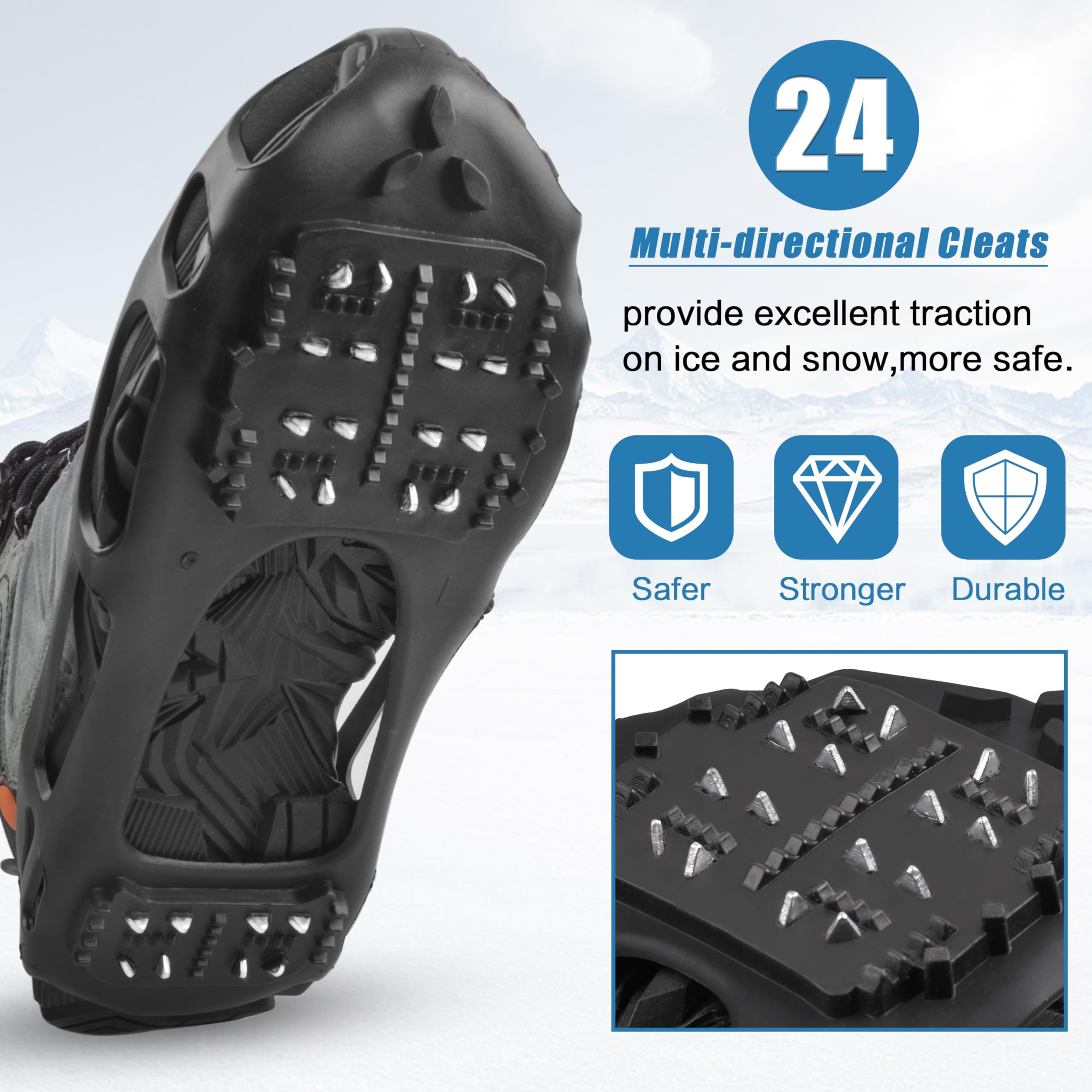 Non-Slip Ice Cleats for Snow & Ice - Stretchable Rubber Traction Crampons for Walking, Hiking & Winter Safety | Perfect for Slippery Sidewalks, Driveways & Outdoor Adventures