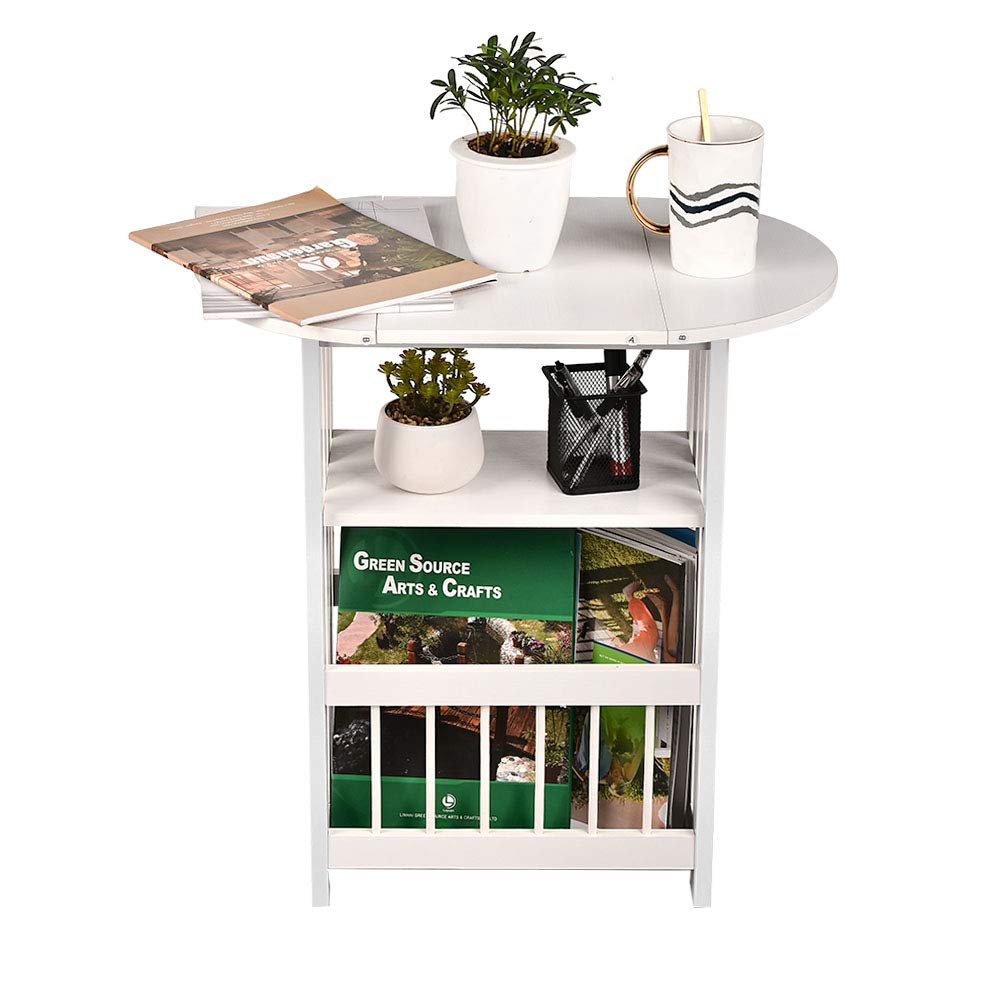 Wooden Folding Side End Table with Magazine Rack & Rotating Tabletop - Multi-Functional Storage Accent Table, Nightstand for Living Room, Bedroom, Home Office (White) - Perfect for Small Spaces, Reading Nooks & Modern Home Decor