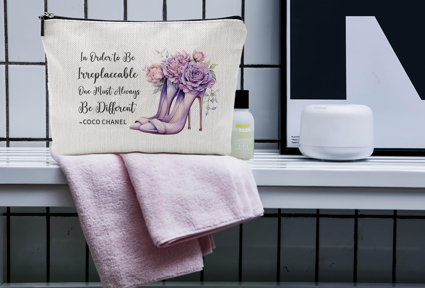 Coco Chanel Quotes Makeup Bag for Women - Waterproof Linen Cosmetic Pouch, Travel Toiletry Bag with Inspirational Quote 'To Be Irreplaceable, One Must Always Be Different' - Perfect for Travel, Gym, and Daily Beauty Essentials