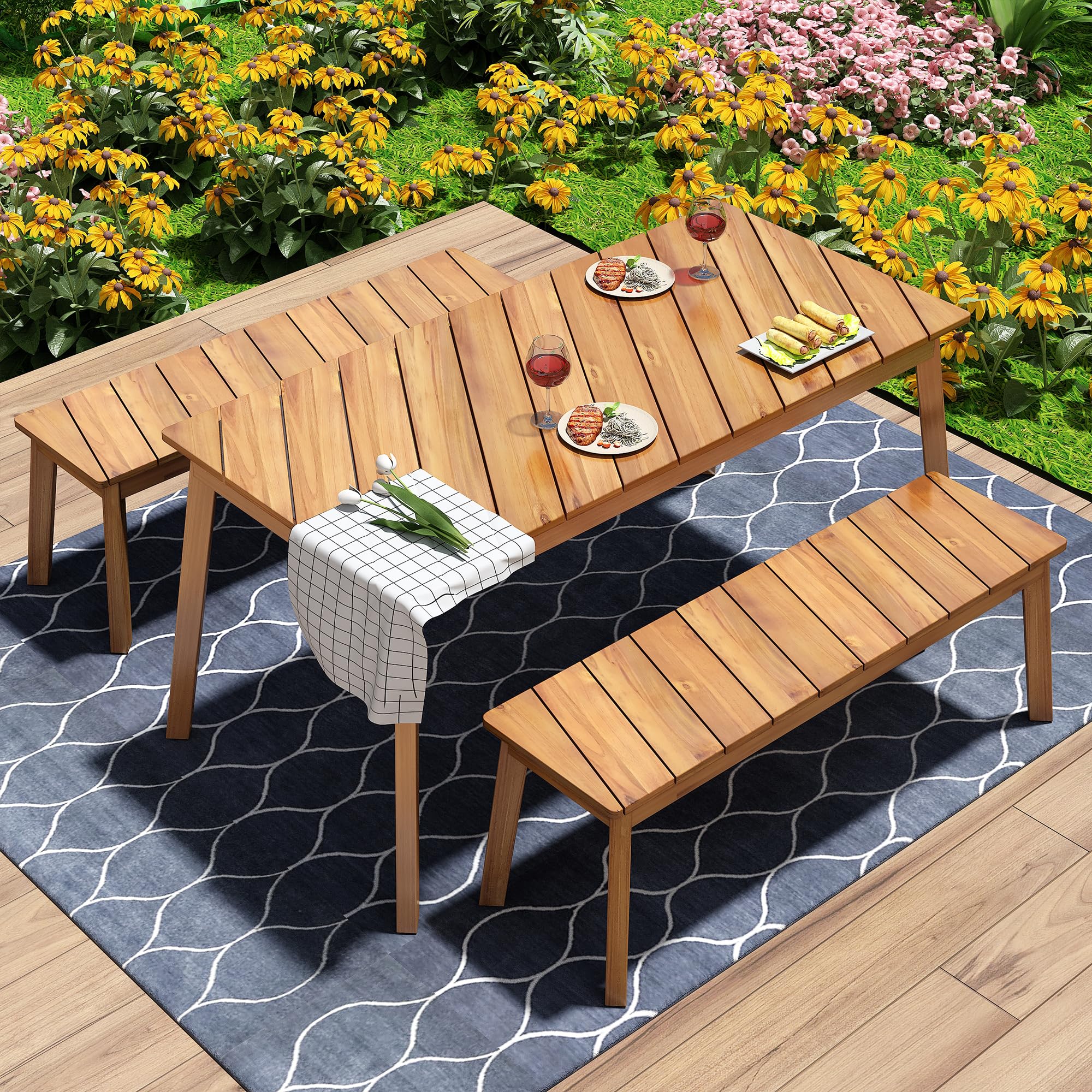 LZ LEISURE ZONE 3-Piece Acacia Wood Outdoor Dining Set with 2 Benches - Patio, Garden, Poolside & Indoor Furniture - Perfect for Backyard BBQ, Picnics & Outdoor Entertaining
