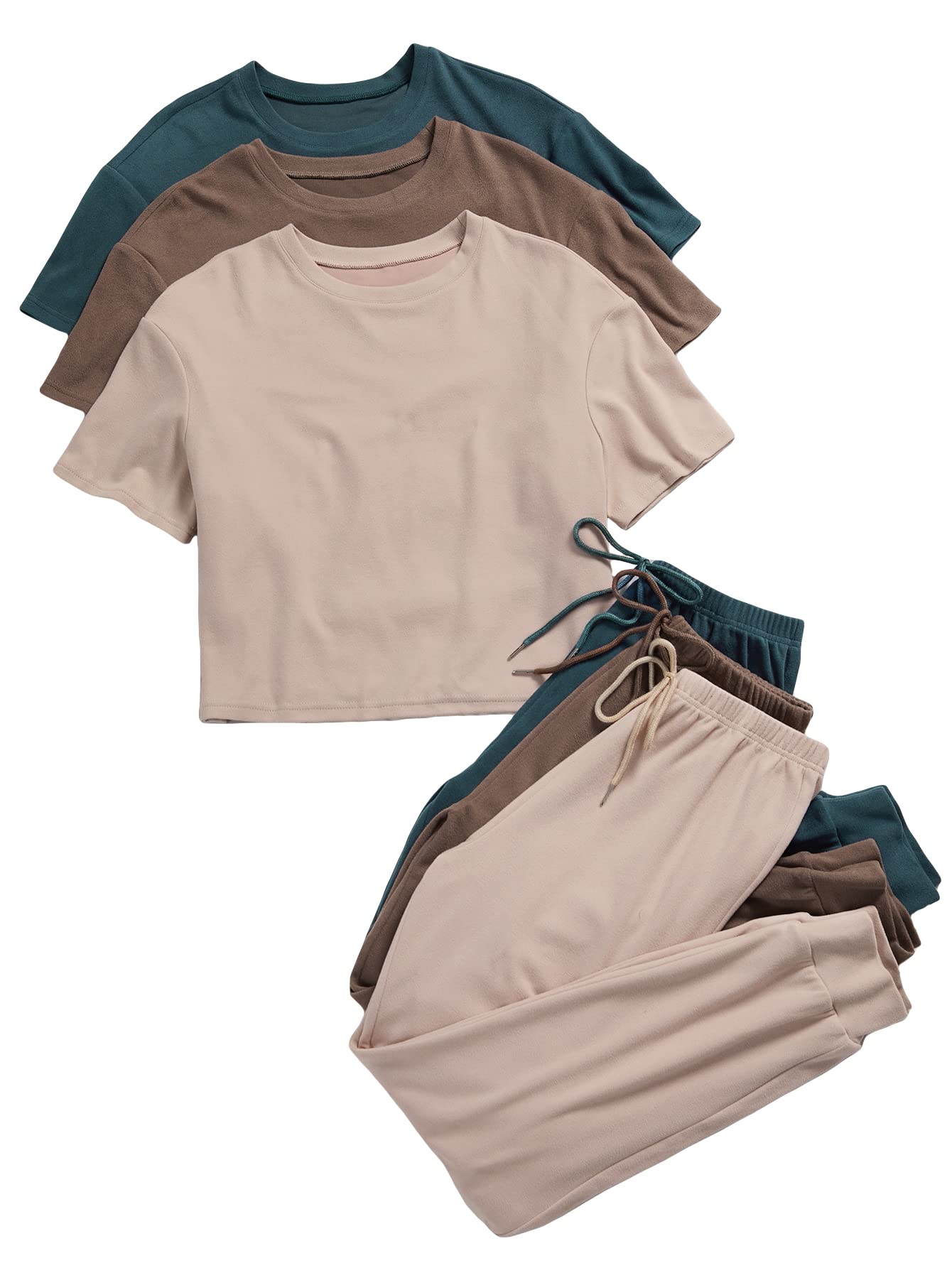 GORGLITTER Women's 6-Piece Pajama Set - Soft Short Sleeve Crewneck T-Shirt & Lounge Pants - Comfy Sleepwear & Loungewear for Home Relaxation, Sleepovers, and Cozy Nights