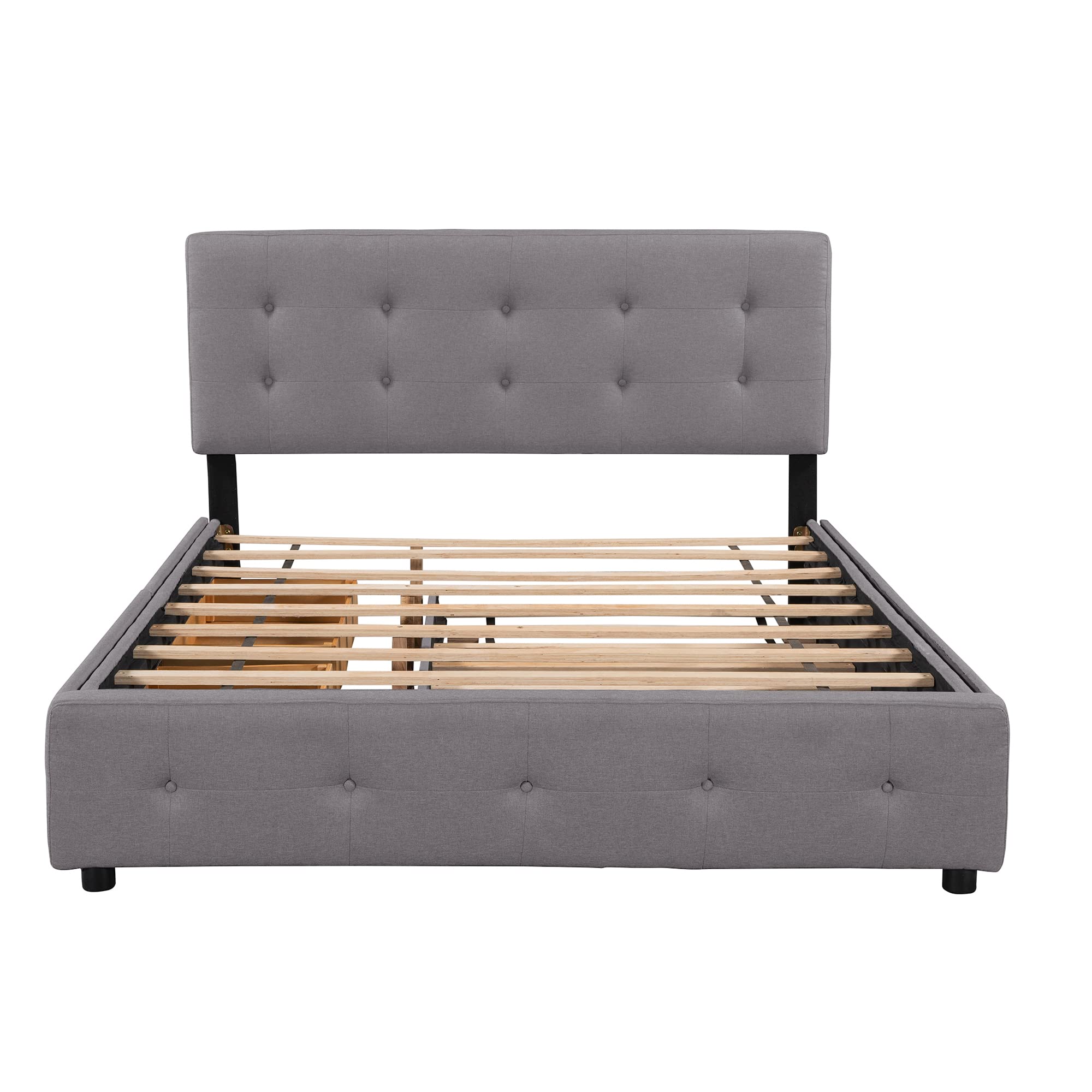 Queen Size Upholstered Platform Bed with 2 Storage Drawers & Twin XL Trundle - Light Gray Linen Fabric Wooden Bed Frame for Guest Room, Small Space & Modern Bedroom