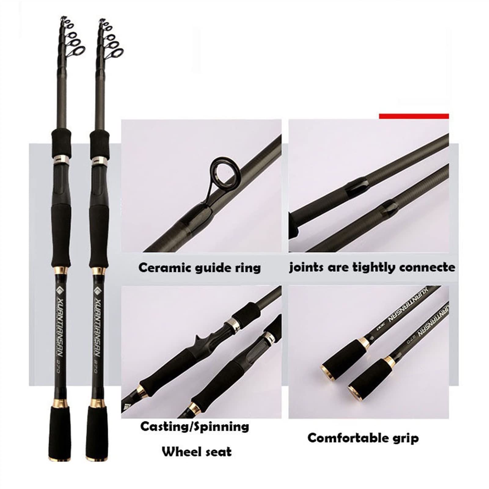 Premium Carbon Fiber Telescopic Fishing Rod 1.8m-3.0m Medium Power - Portable Spinning & Casting Rod for Freshwater, Saltwater, Surf Fishing - Ideal for Travel, Camping & Beach Fishing Adventures