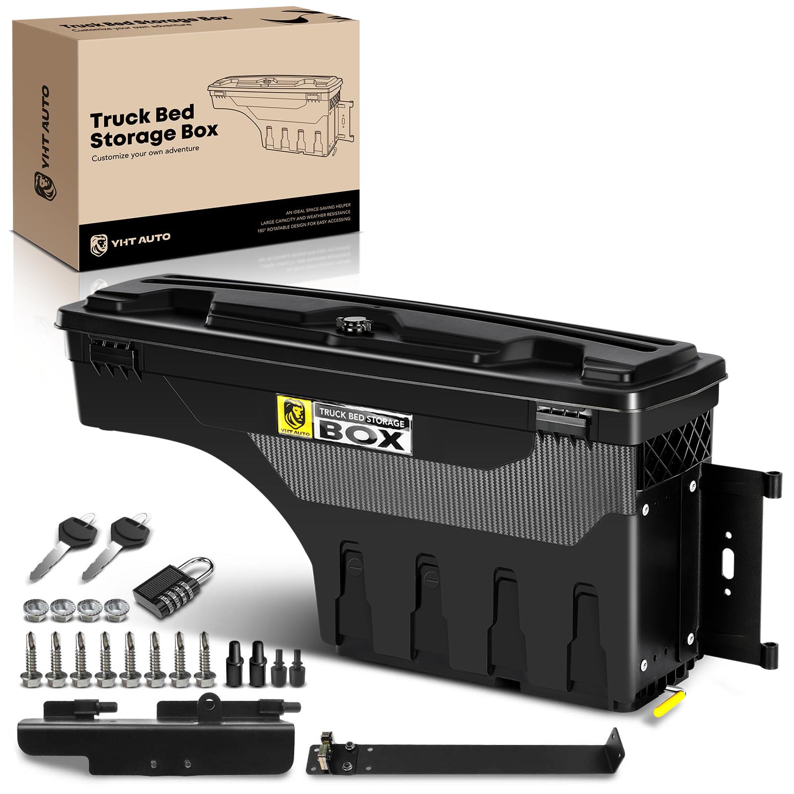 YHTAUTO Lockable Swing Waterproof Truck Bed Tool Box - Passenger Side Storage Compatible with 1997-2014 Ford F-150 & 2004 F-150 Heritage Fleetside (No Bed Rail Storage) | Durable Wheel Well Tool Organizer for Camping, Work & Outdoor Adventures