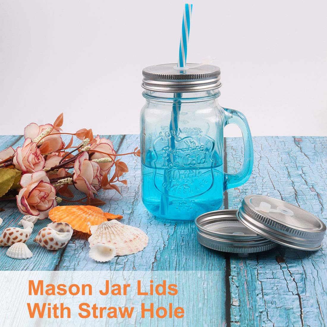 Stainless Steel Mason Jar Lids with Straw Hole - 6 Pack Regular Mouth Canning Lids for Drinking, Food Storage & Meal Prep - Perfect for Iced Coffee, Smoothies, Juice & DIY Mason Jar Crafts
