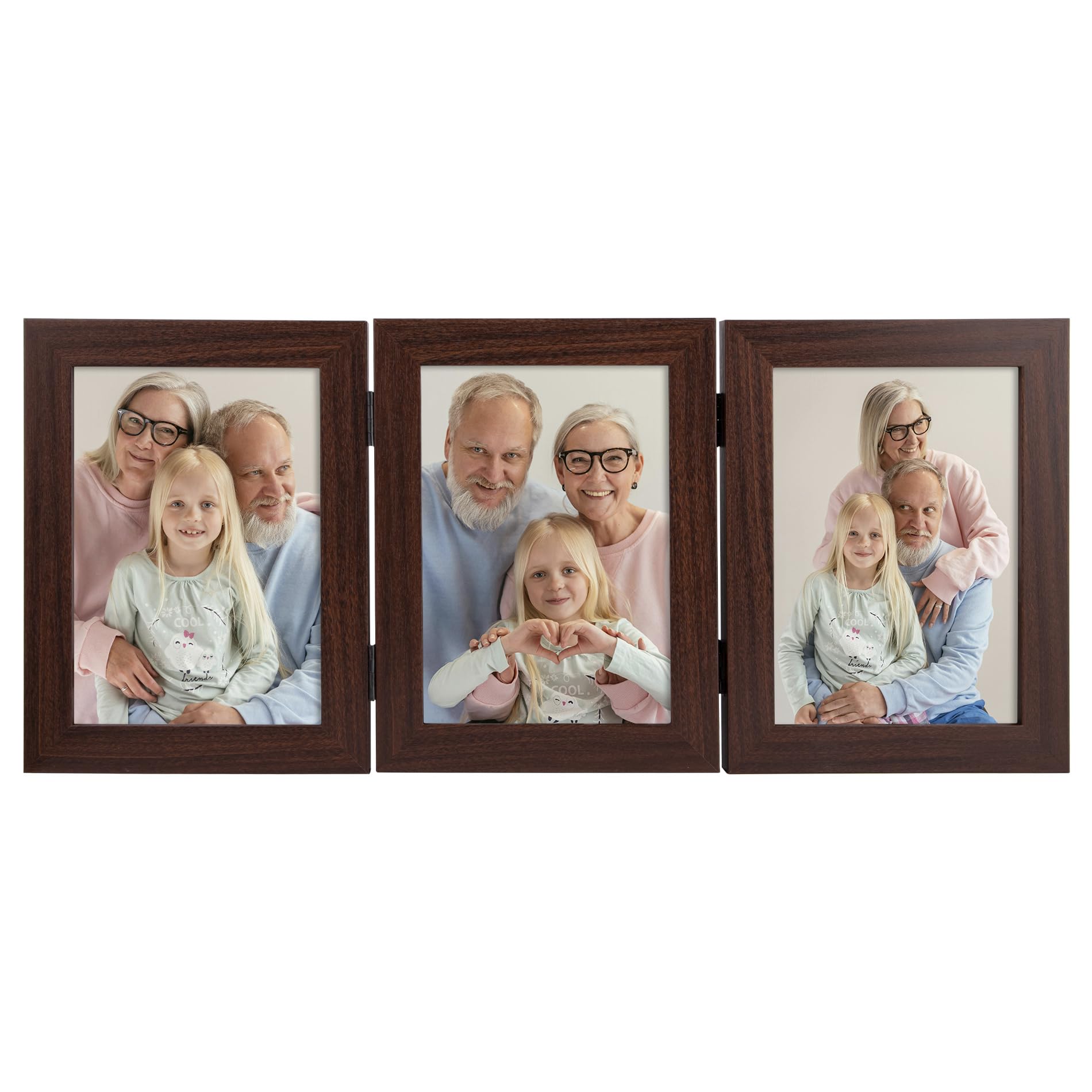 Frametory 5x7 Triple Picture Frame Set - Walnut Hinged Trifold Photo Collage with Glass Front for Tabletop Display (2 Pack) | Perfect for Family Photos, Wedding Memories, and Home Decor