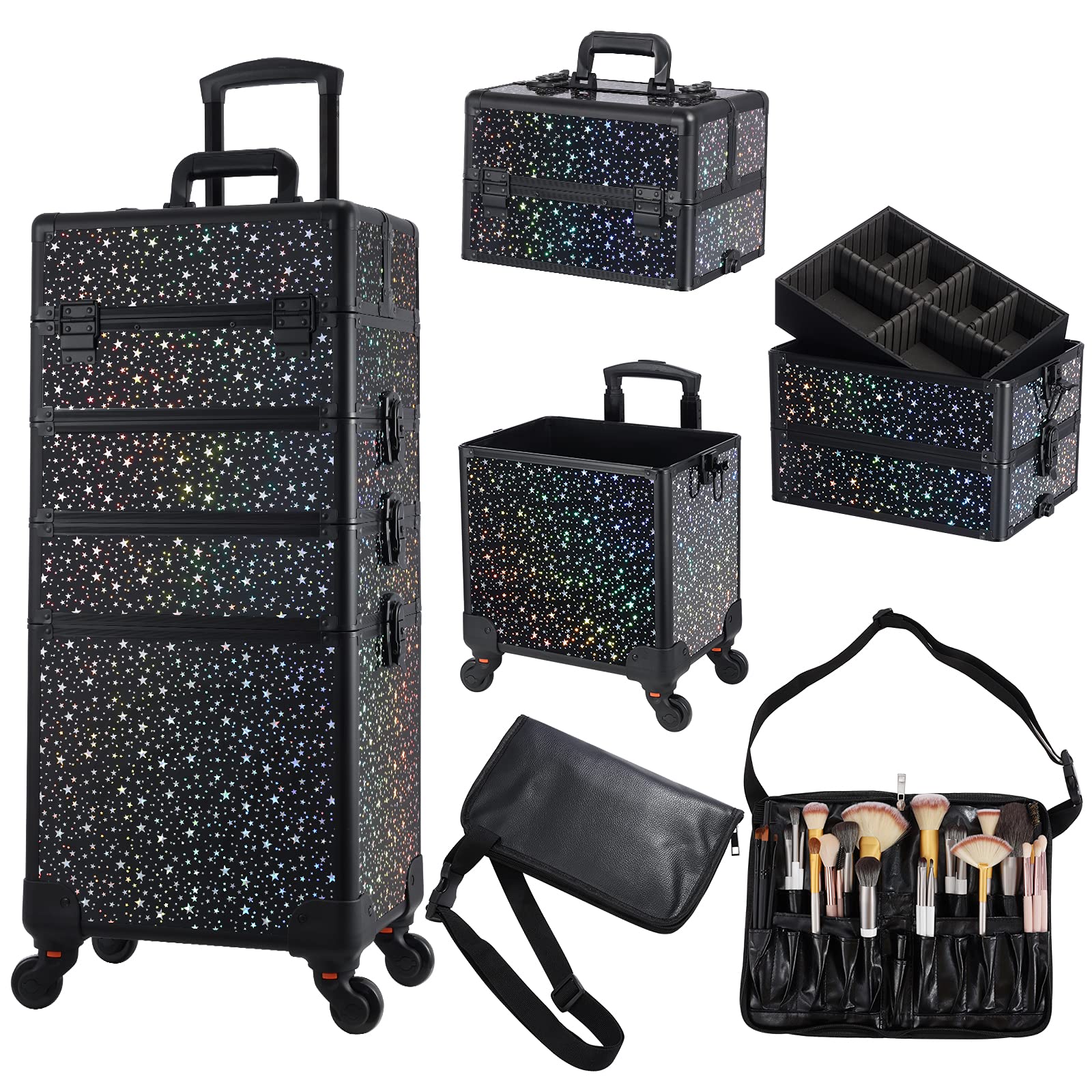 Stagiant 4-in-1 Rolling Makeup Case with Brush Waist Bag & Swivel Wheels - Professional Cosmetic Trolley for Salon, Barber, Travel | Portable Beauty Organizer for Makeup Artists & Cosmetologists (Black Star) - Perfect for Mobile Salons, Wedding Makeup, and Beauty On-The-Go