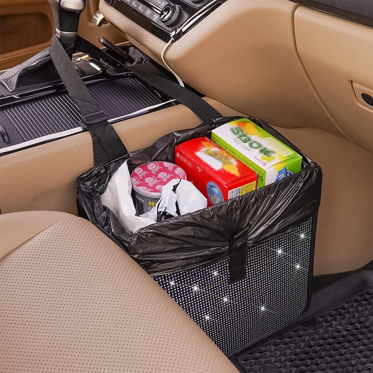 BELOMI Foldable Car Trash Can with Rhinestone - Waterproof Leakproof Hanging Garbage Bin for SUV, Truck & Vehicles | Multipurpose Auto Organizer Accessories | Perfect for Road Trips, Commuting & Car Cleaning