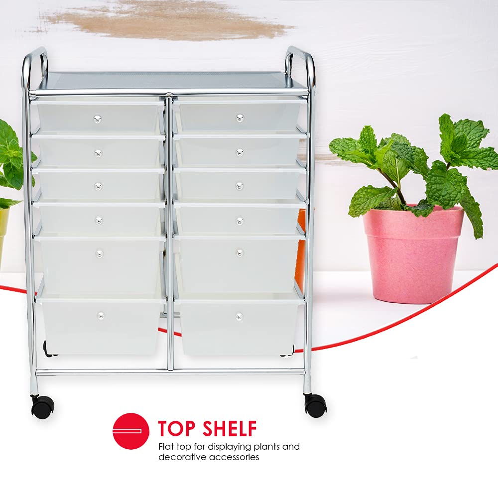 Home Basics 12-Drawer Storage Cart - White Rolling Organizer with Multi-Size Drawers & Castor Wheels | Perfect for Office Supplies, Craft Organization, Bedroom & Bathroom Storage | Portable Mobile Storage Solution