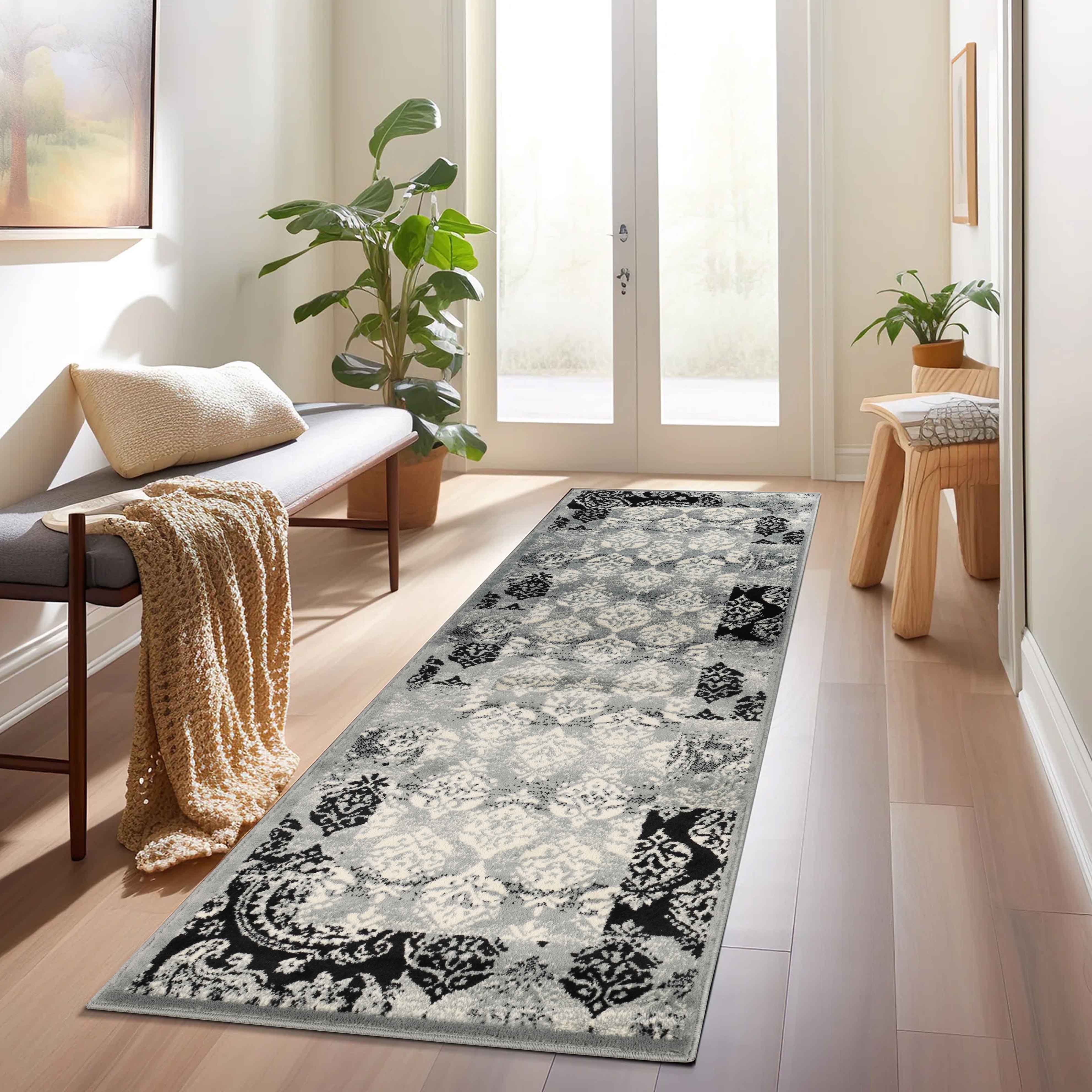 Stylish Modern Damask Indoor Area Rugs & Runners - Non-Slip Soft Living Room Carpet for Bedroom, Hallway, Dining Room Decor