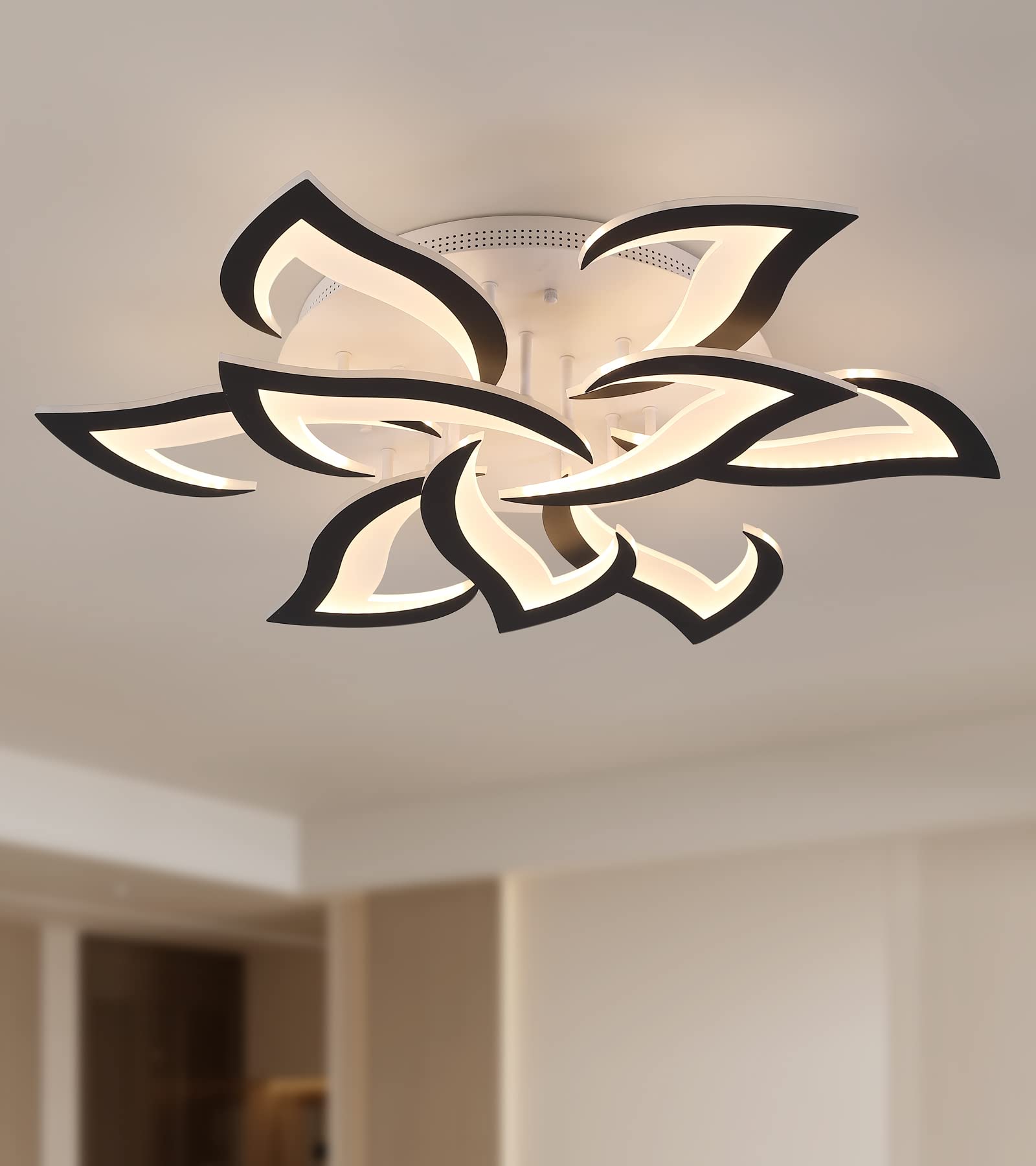 MEIXISUE Modern Black LED Floral Ceiling Light Fixture with Remote Control - Dimmable 31.5