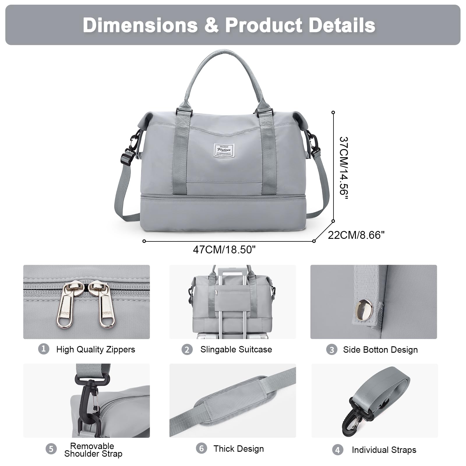 HYC00 Women's Travel Weekender Bag with Shoe Compartment & Wet Pocket - Perfect for Gym, Overnight Trips & Hospital Use - Light Grey Carry-On Luggage