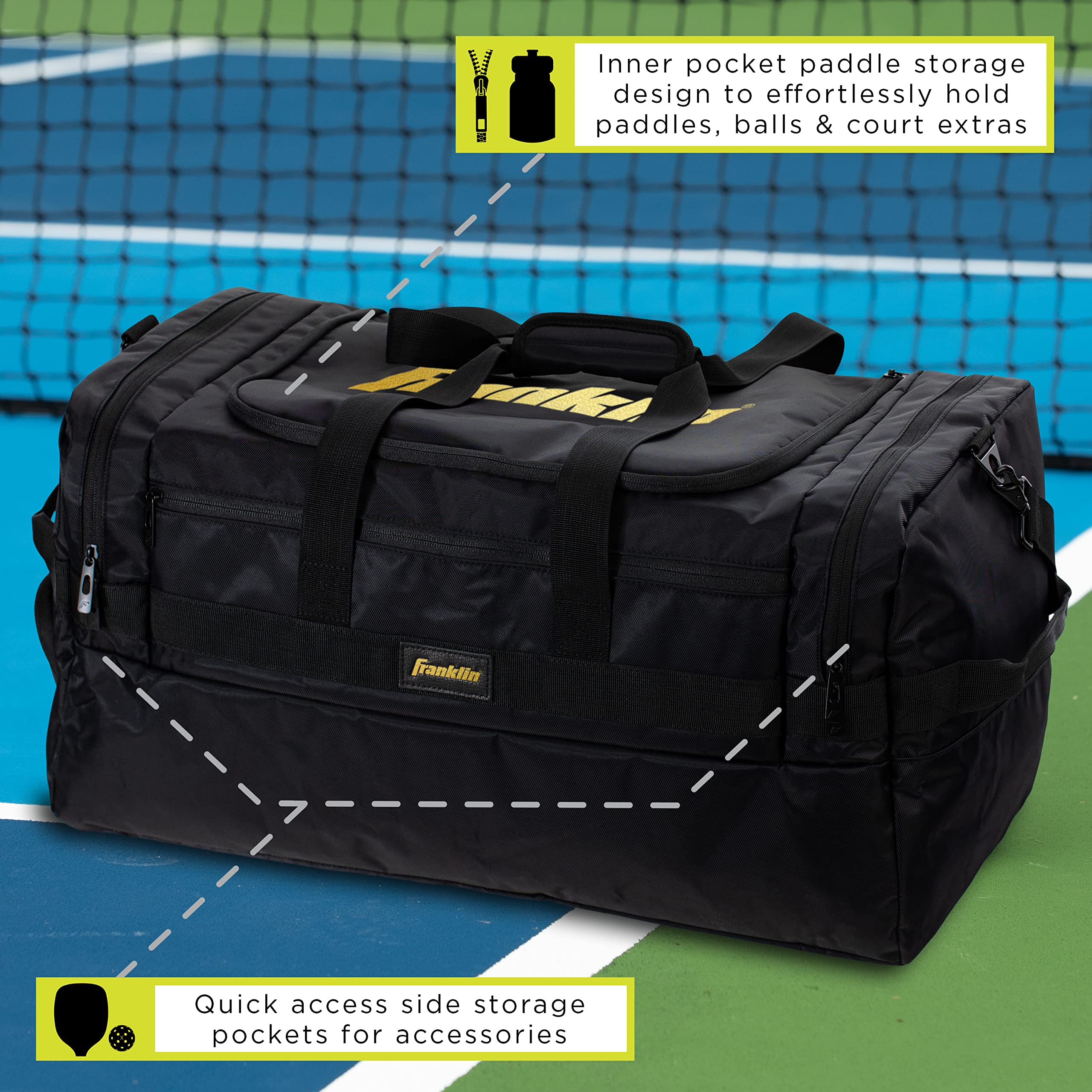 Franklin Sports Elite Series Pickleball Duffle Bag - Large Capacity Tennis Bag for Paddles, Balls & Gear - Water-Resistant Travel Duffel for Men & Women (Black) - Perfect for Court, Gym & Outdoor Sports