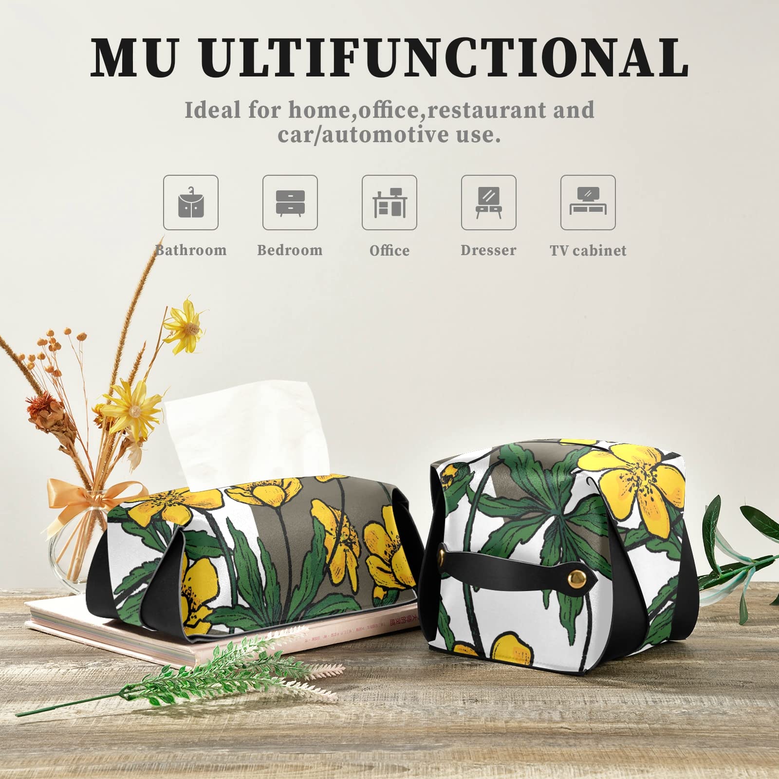 Buttercup Anemone Flower PU Leather Tissue Box Cover - Rectangular Decorative Tissue Holder with Handle for Bedroom, Bathroom, Office | Home Decor & Gift Idea
