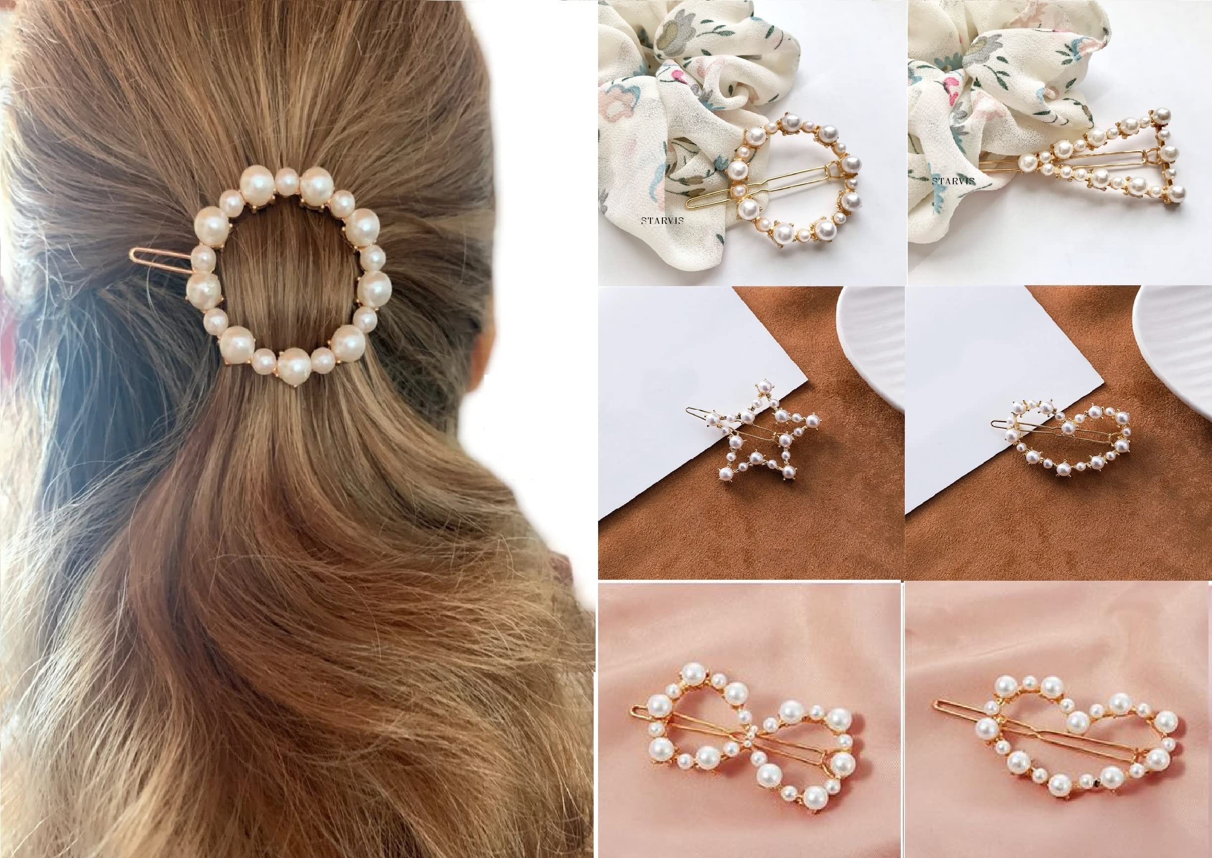 6PC Korean Fashion Faux Pearl Hair Clips - Geometric Minimalist Snap Barrettes for Women & Girls - Floral Hairpins Hair Accessories - Perfect for Weddings, Parties & Everyday Styling