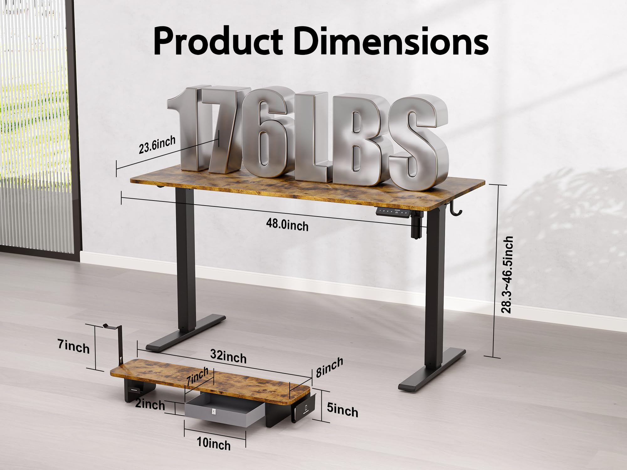 48x24 Inches Electric Standing Desk with Drawer & Monitor Stand - Height Adjustable Ergonomic Sit to Stand Desk for Home Office - Rustic Brown Workstation with Phone Holder & 3 Hooks - Perfect for Remote Work, Gaming Setup & Small Spaces