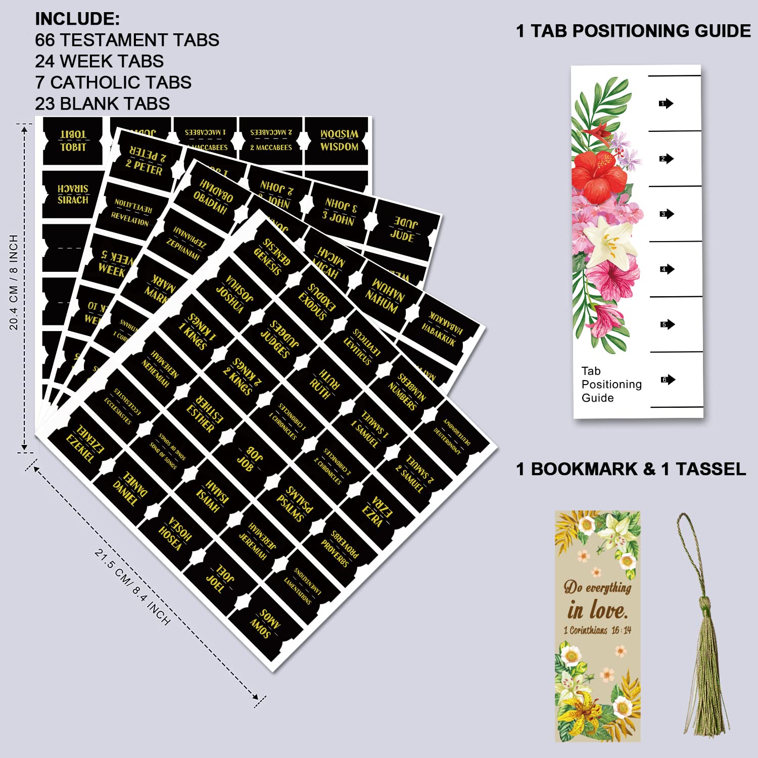 Bible Index Tabs Set - 122 Matte Laminated Floral Design Tabs for Old & New Testament (Black with Gold Foil) | Perfect for Bible Journaling, Scripture Study & Church Gifts