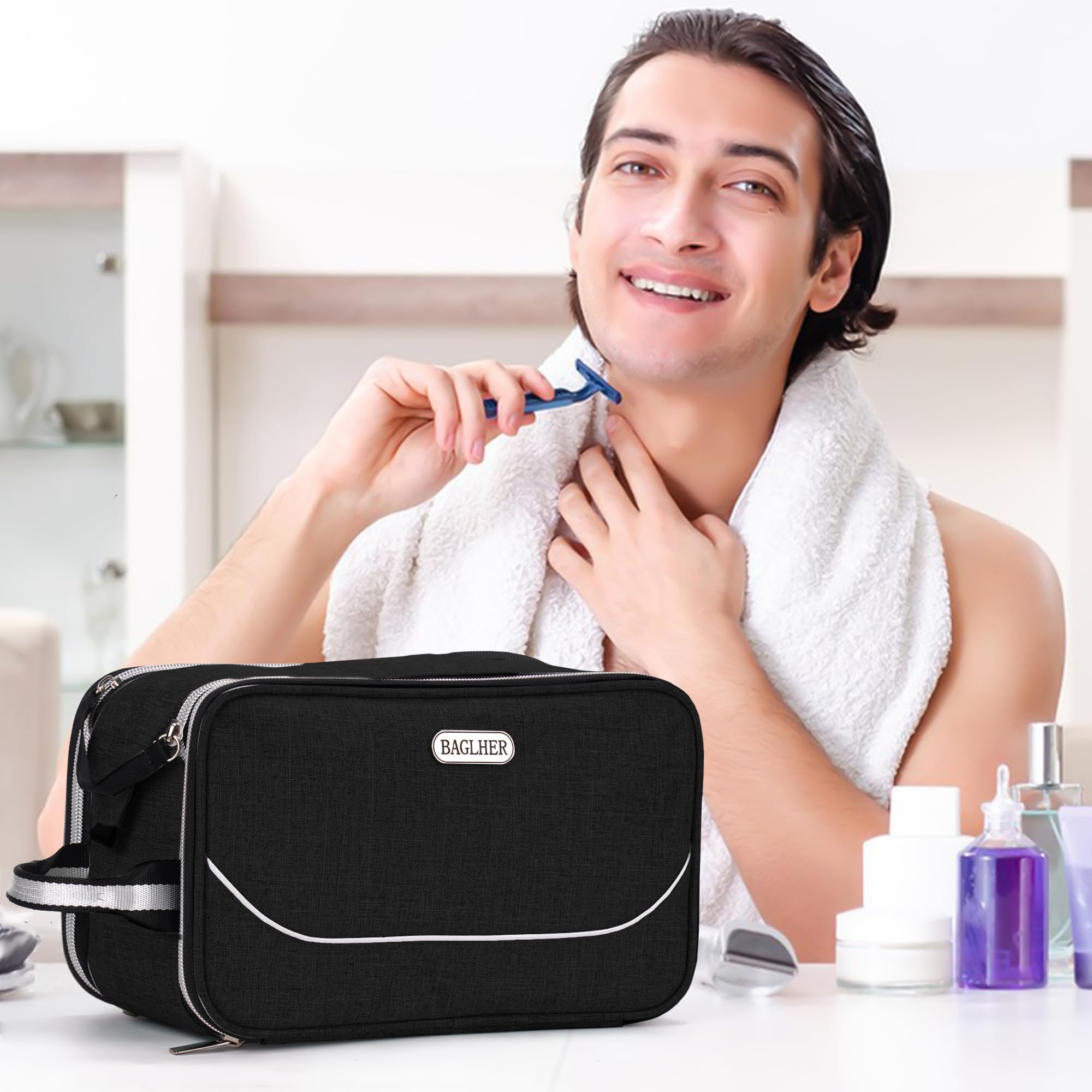 BAGLHER Men's Waterproof Toiletry Bag - Large Travel Organizer for Shaving & Accessories - Perfect for Gym & Business Trips