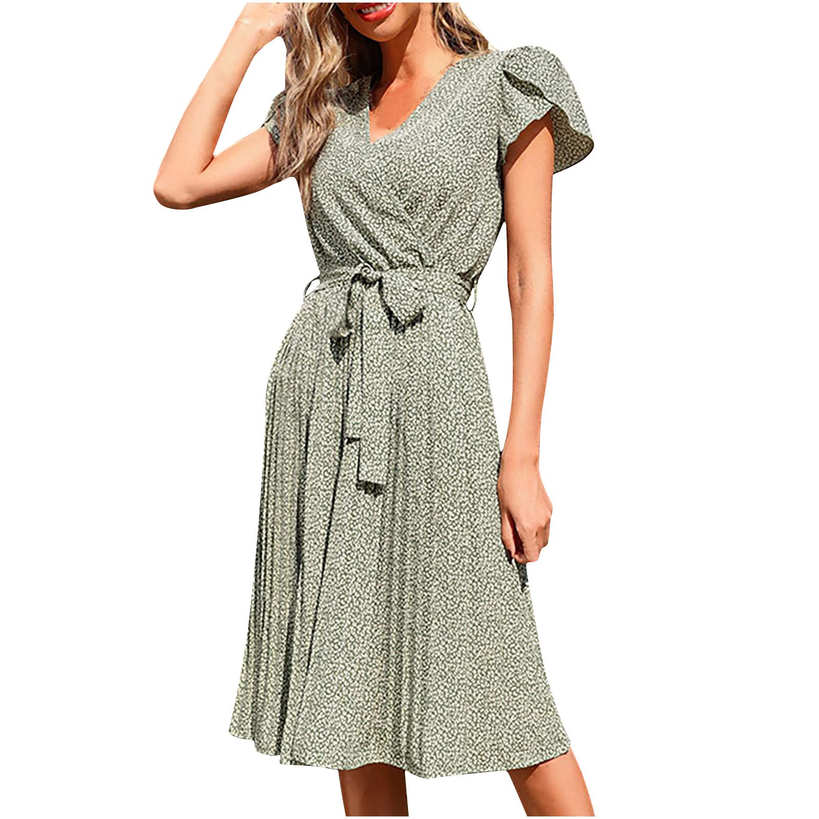 Boho Wrap Dress for Women - Trendy Fall Midi Dress with Tie Waist, Pleated Swing Skirt & Ruffled Sleeves | Perfect for Casual Outings, Date Nights & Vacation Wear