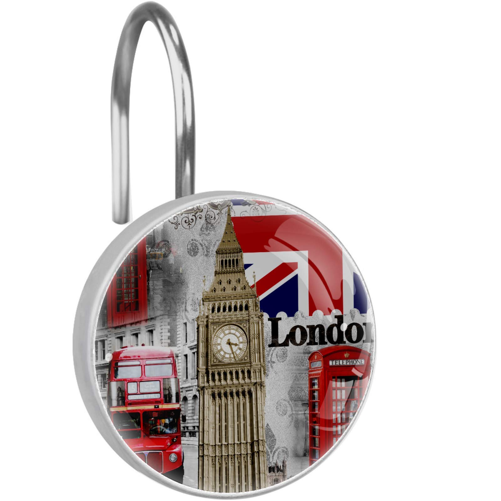 British Flag Themed Rust-Resistant Metal Shower Curtain Hooks - Set of 12 for Bathroom Decor | UK-Themed Home Accessories for Bathrooms, Pubs & Tea Parties | Union Jack Decor for Guest & Master Baths | Perfect for British-Themed Events, Patriotic Styling & Coastal Cottage Decor