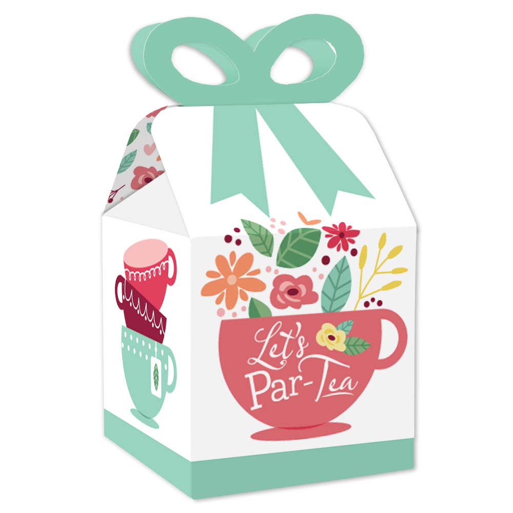 Big Dot of Happiness Floral Let’s Par-Tea Square Favor Gift Boxes - Set of 12 Elegant Garden Tea Party Bow Boxes for Bridal Showers, Baby Showers & Birthday Celebrations