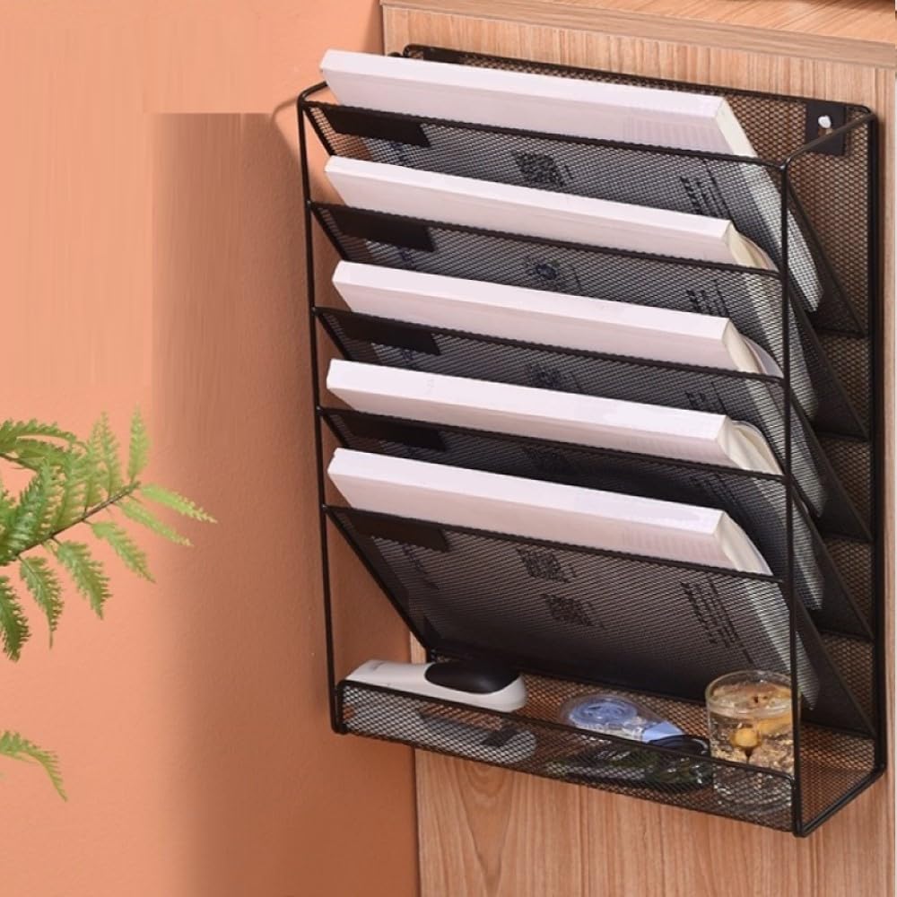Kuntine.B 6-Tier Wall Mount File Organizer - Space Saving Hanging File Holder for Office, Home & Cubicle - Perfect for Documents, Mail & Office Supplies (Black)