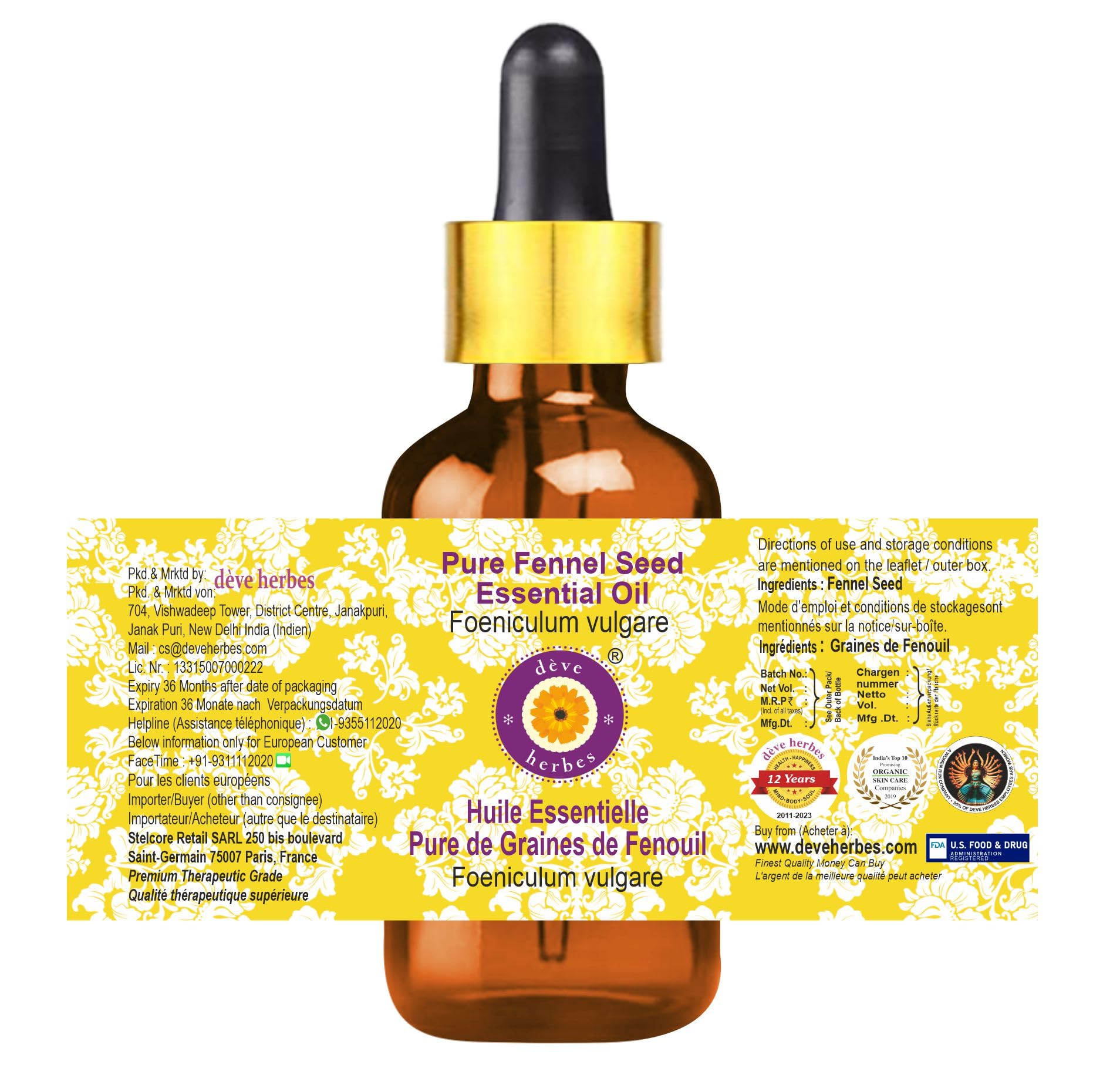Deve Herbes Pure Fennel Seed Essential Oil (Foeniculum vulgare) - 15ml Steam Distilled with Glass Dropper - Aromatherapy, Massage & Skin Care